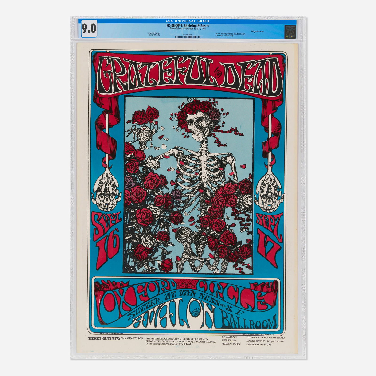 Mouse Studios, FD-26-OP-1 Grateful Dead 1966 Avalon Ballroom CGC 9.0: Mouse Studios FD-26-OP-1 Grateful Dead 1966 Avalon Ballroom CGC 9.0 Widely considered one of the most iconic images of the psychedelic era, this original first printing of FD-26 "Skeleton & Roses" sta
