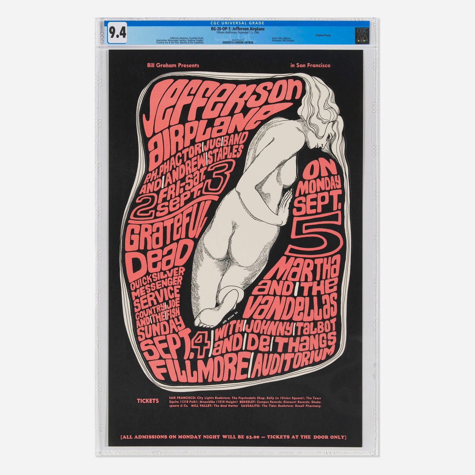 Wes Wilson, BG-26-OP-1 Jefferson Airplane & Grateful Dead 1966 Fillmore Auditorium CGC 9.4 (1 of 1)
