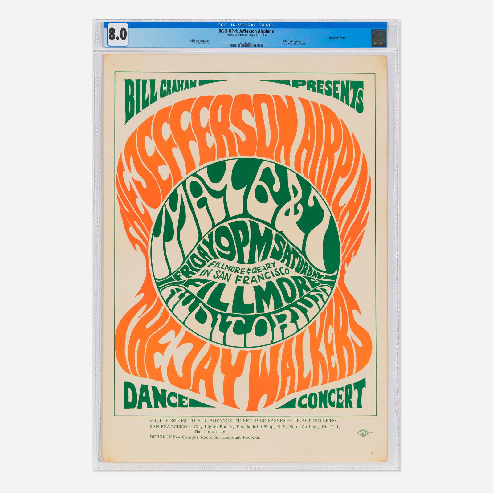 Wes Wilson, BG-5-OP-1 Jefferson Airplane 1966 Fillmore Auditorium CGC 8.0 (1 of 1)