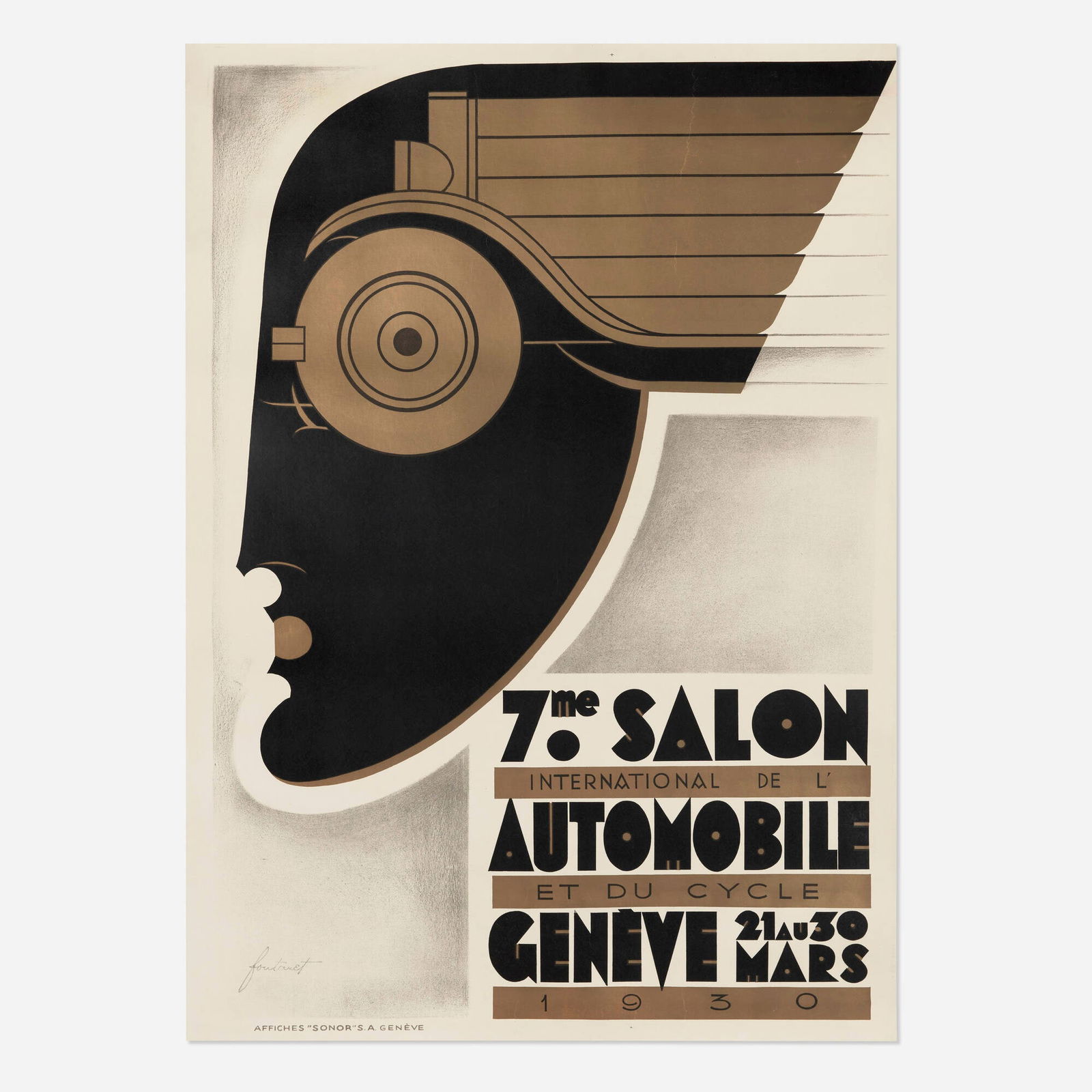 Noel Fontanet, 7me Salon Automobile / Geneve vintage poster: Noel Fontanet 7me Salon Automobile / Geneve vintage poster 1930 50 h x 36 w in (127 x 91 cm) This highly effective Art Deco design by Noel Fontanet-an artist known for his streamlined, modern advert