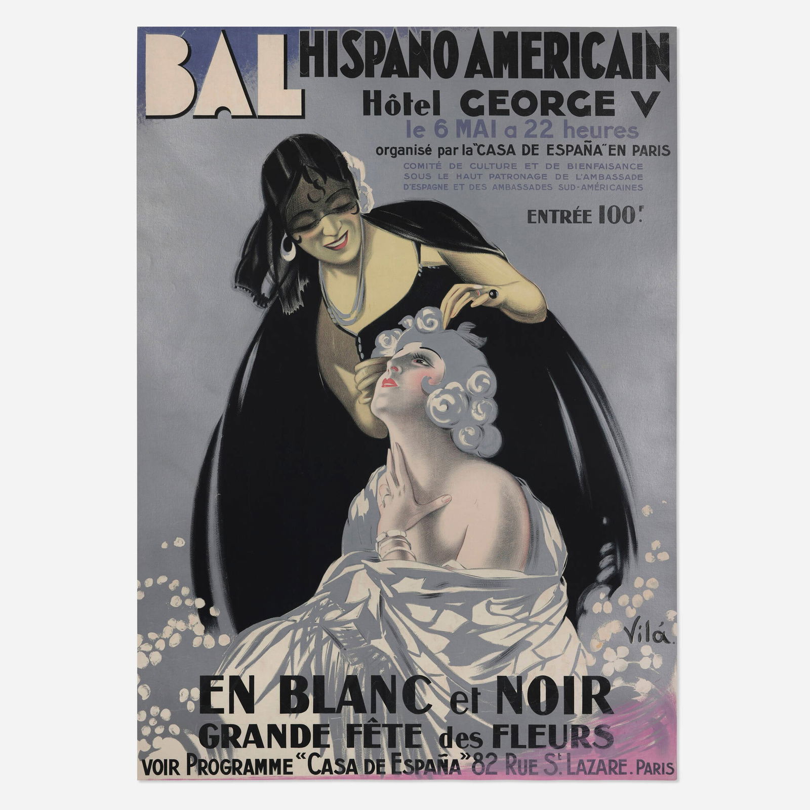 Emilio Vila, Bal Hispano Americain / En Blanc et Noir vintage poster: Emilio Vila Bal Hispano Americain / En Blanc et Noir vintage poster 1928 61.875 h x 44.375 w in (157 x 113 cm) In one of Vila's most breathtaking compositions, two costumed beauties prepare for a ni