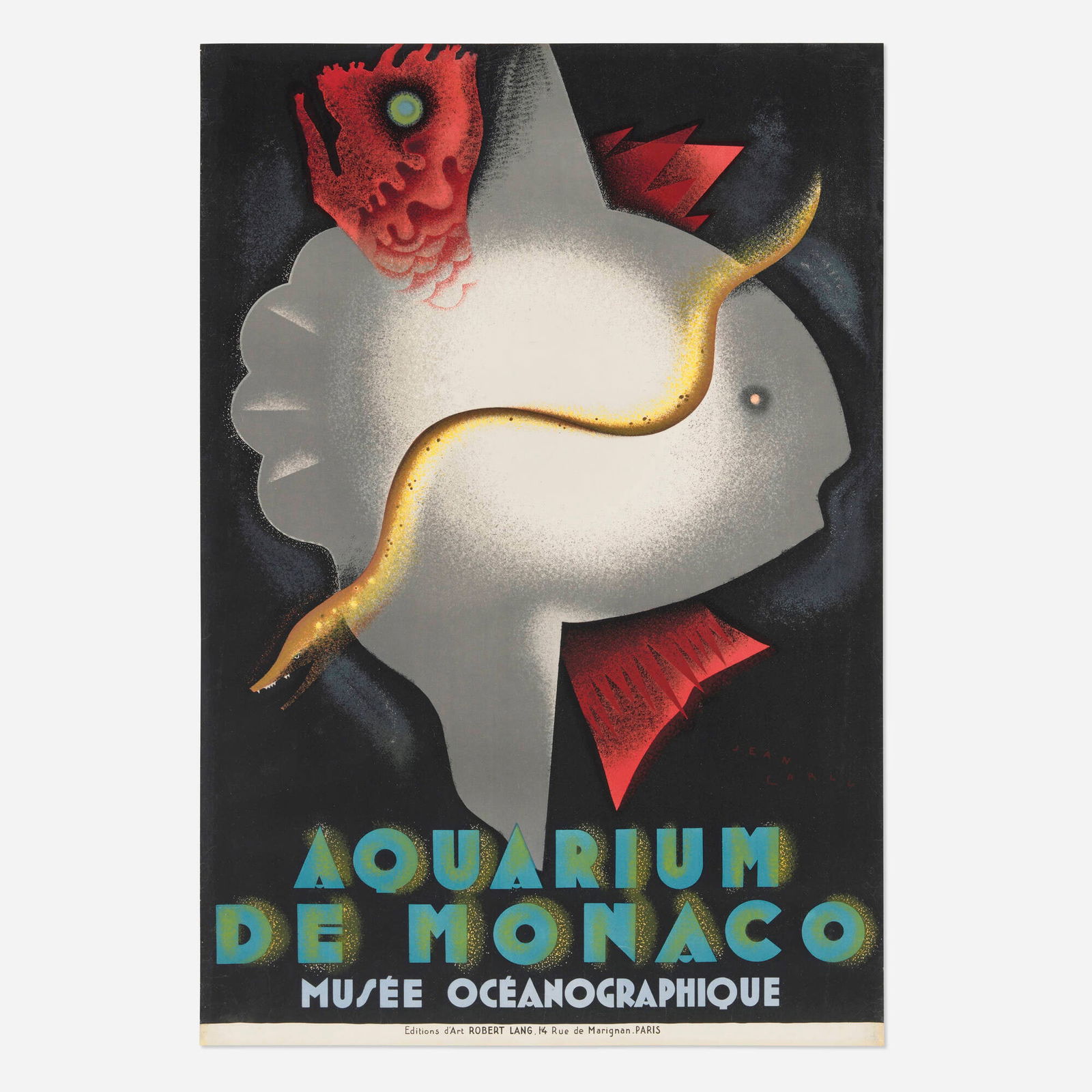 Jean Carlu, Aquarium de Monaco vintage poster: Jean Carlu Aquarium de Monaco vintage poster 1926 40.125 h x 27.25 w in (102 x 69 cm) Considered to be Carlu's finest work, this aquatic collage perfectly encapsulates an underwater environment at t