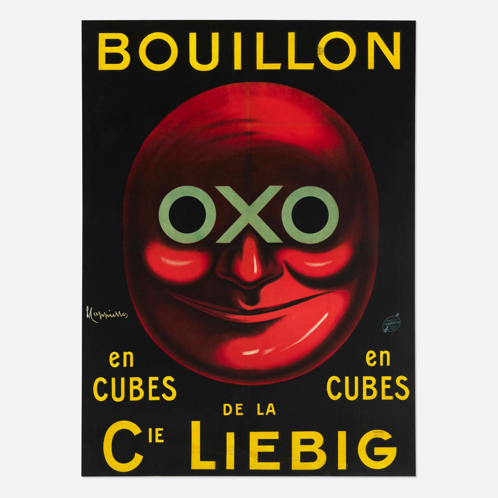 Leonetto Cappiello, Bouillon Oxo vintage poster: Leonetto Cappiello Bouillon Oxo vintage poster 1911 58.625 h x 43.875 w in (149 x 111 cm) Nothing but a sort of tomato-head wearing "OXO" as spectacles? This must have been an unsurpassed attention