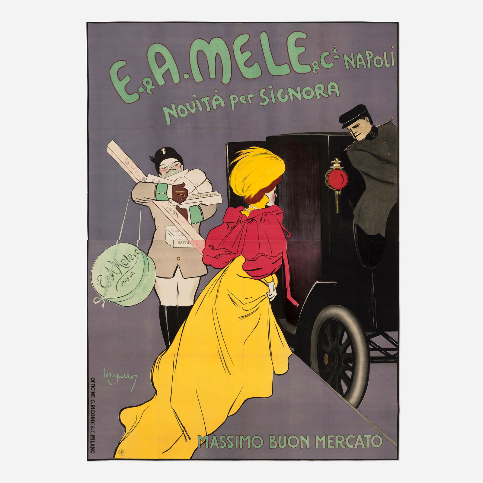 Leonetto Cappiello, Mele vintage poster: Leonetto Cappiello Mele vintage poster 1907 80.375 h x 59 w in (204 x 150 cm) The last of many designs Cappiello created for the department store, he captures the end of a successful shopping trip.