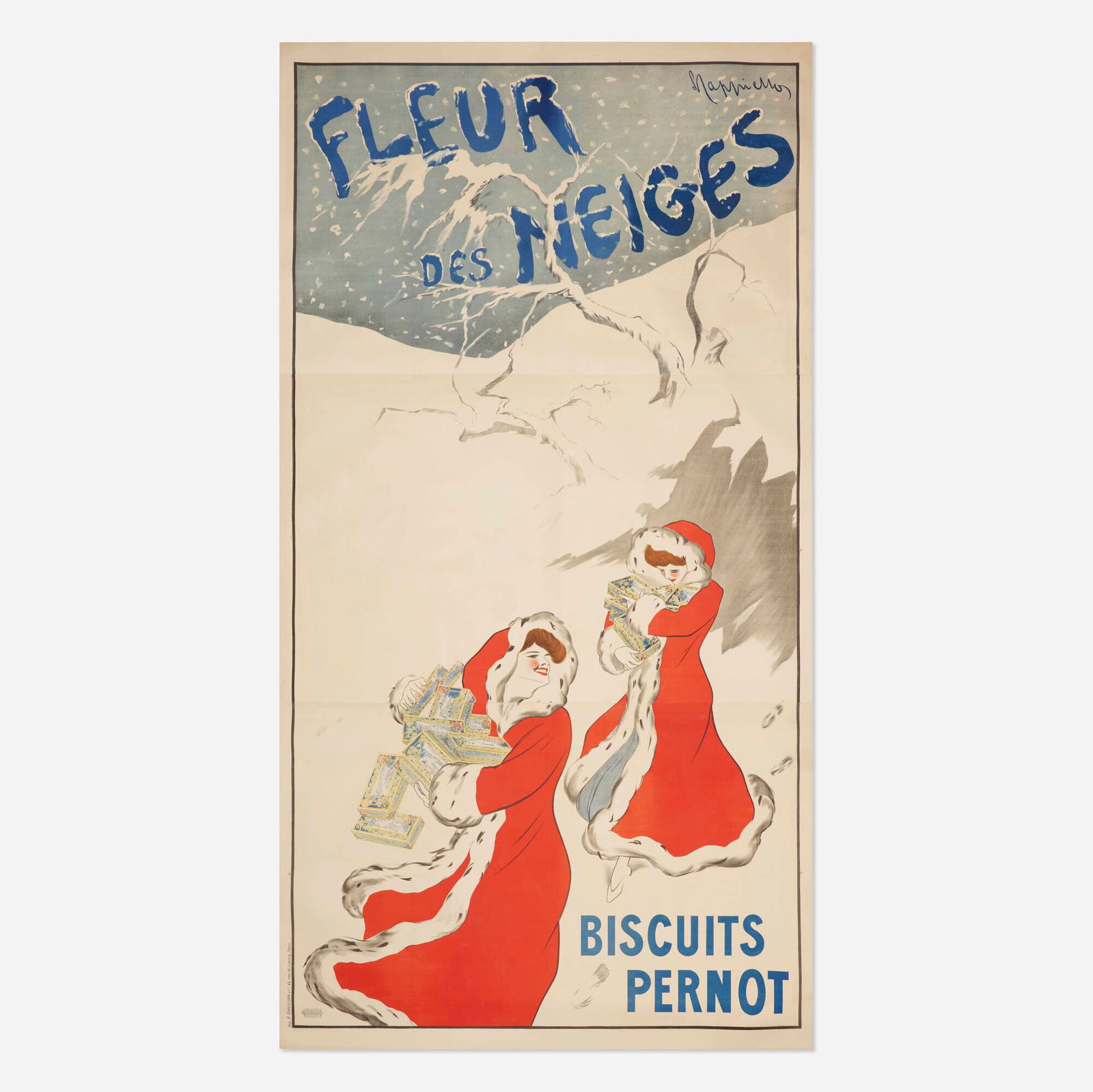 Leonetto Cappiello, Rare Fleur des Neiges / Biscuits Pernot vintage poster: Leonetto Cappiello Rare Fleur des Neiges / Biscuits Pernot vintage poster 1905 148.25 h x 78.5 w in (377 x 199 cm) "Fleur des Neiges is one of the products of Biscuits Pernot; since it means 'snow f