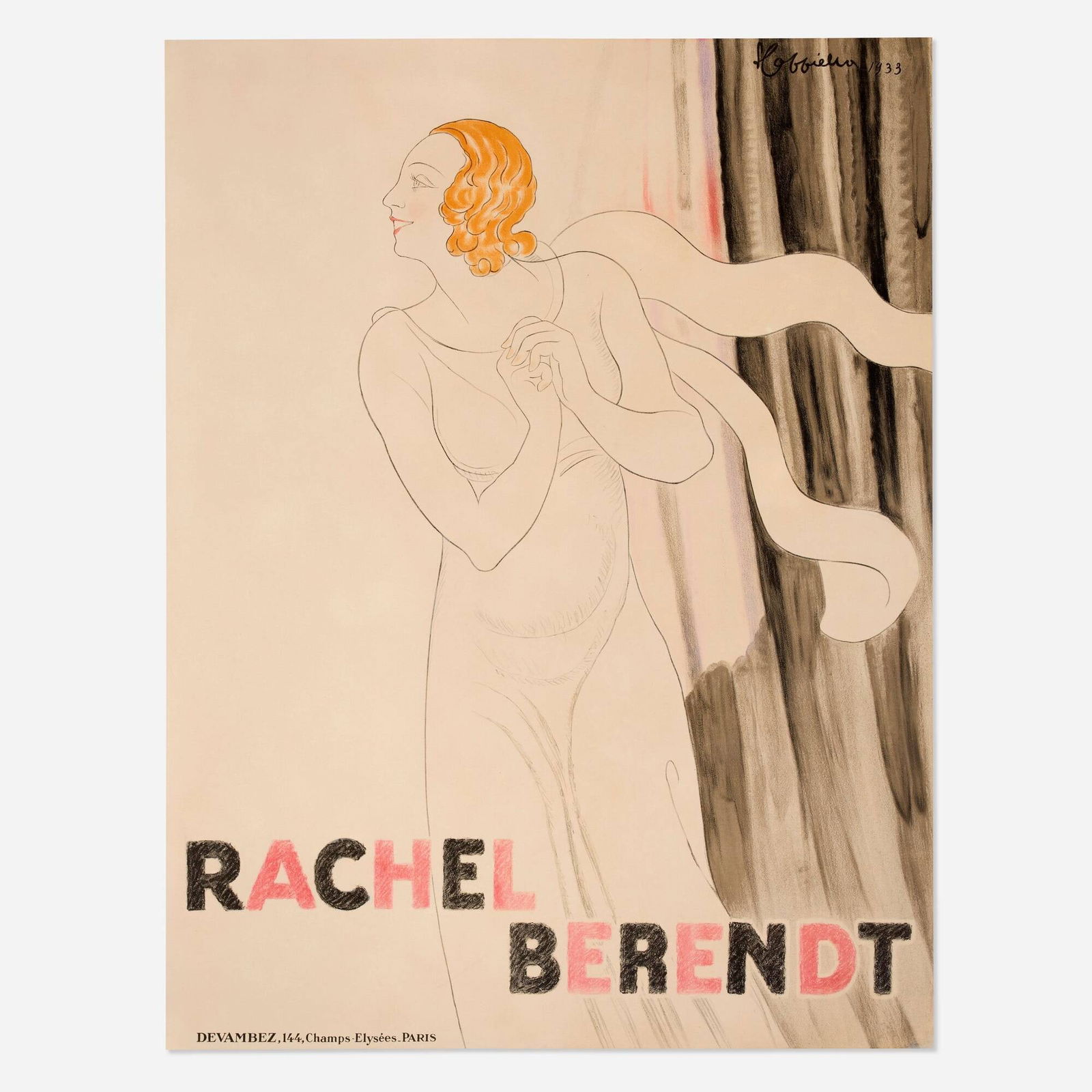 Leonetto Cappiello, Rachel Berendt vintage poster: Leonetto Cappiello Rachel Berendt vintage poster 1933 61 h x 46.375 w in (155 x 118 cm) "Although Cappiello's portrayal of theatrical personalities was most often executed in his early caricature st