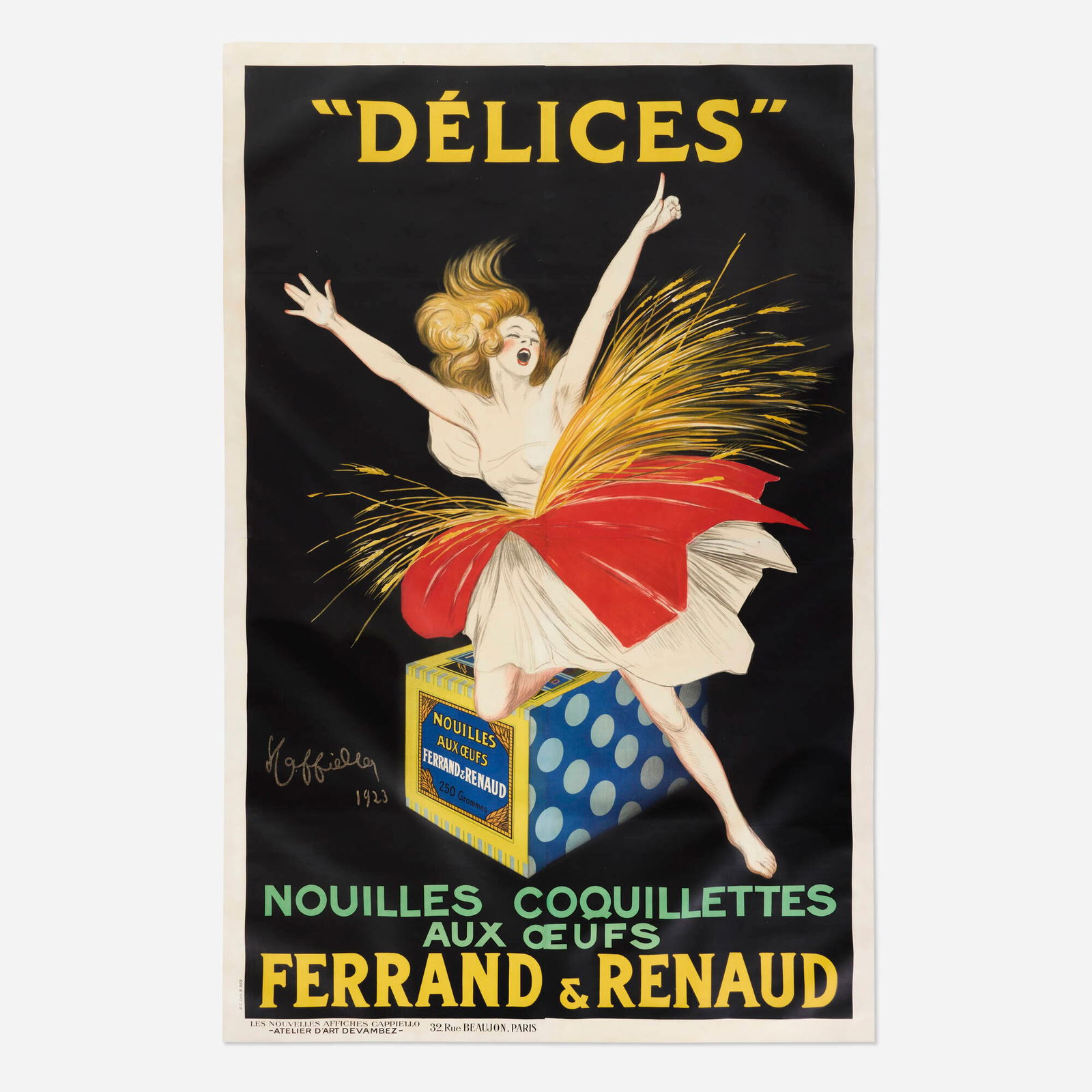 Leonetto Cappiello, "Delices" / Ferrand & Renaud vintage poster: Leonetto Cappiello "Delices" / Ferrand & Renaud vintage poster 1923 155.875 h x 102 w in (396 x 259 cm) An enthusiastic, lithe lady with wheat-colored hair and a grain-adorned skirt points out just