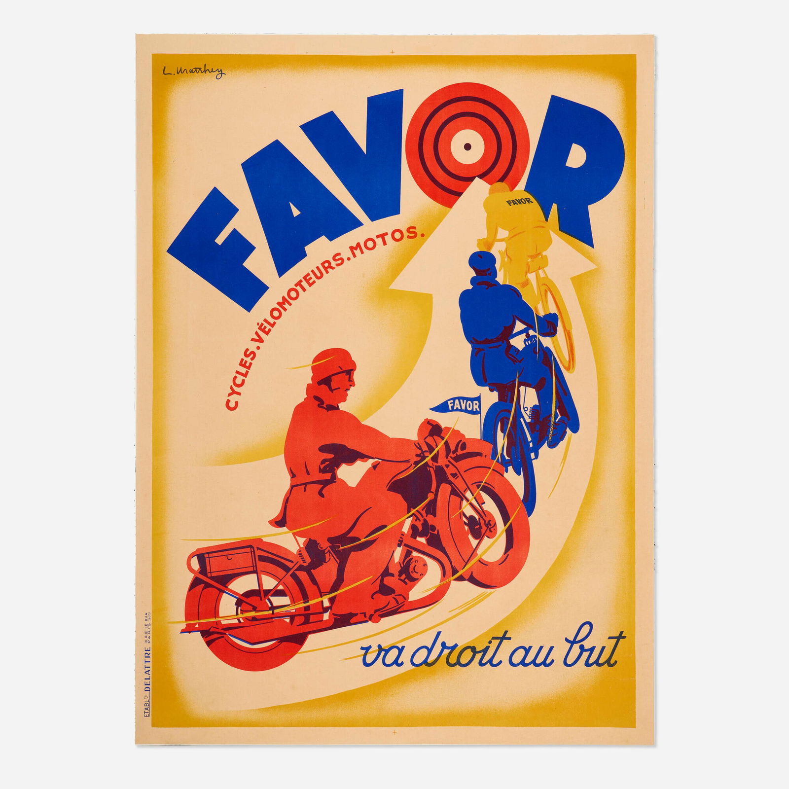 L. Matthey, Favor vintage poster: L. Matthey Favor vintage poster 1928screenprint in colors 59.5 h x 44 w in (151 x 112 cm) In business from 1919 to 1959, Favor specialized in bicycles, motorbikes, and motorcycles-all three of