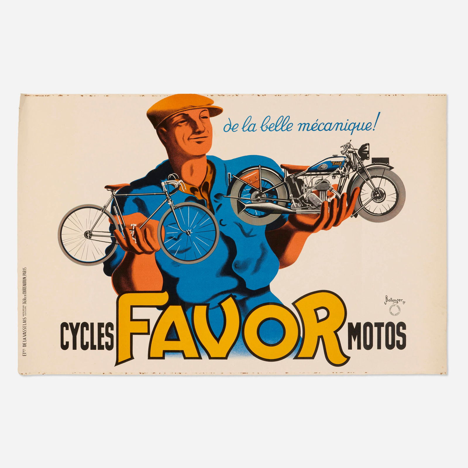 Jacques and Pierre Bellenger, Favor / Cycles / Motos vintage poster: Jacques and Pierre Bellenger Favor / Cycles / Motos vintage poster 1937offset lithograph in colors 15.25 h x 23.25 w in (39 x 59 cm) A fine Art Deco design giving a strong nod to the topical t