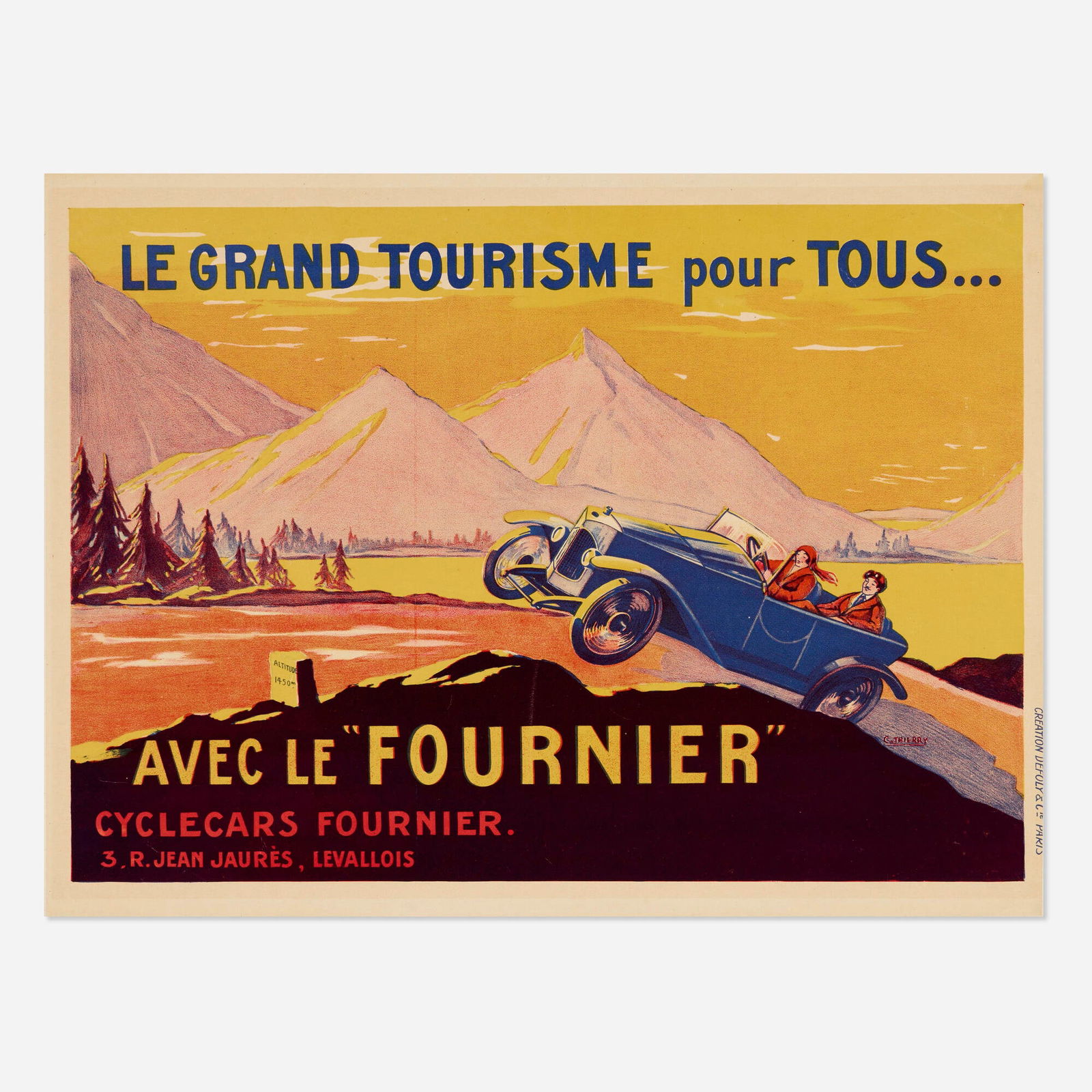 C. Thierry, Le "Fournier" vintage poster: C. Thierry Le "Fournier" vintage poster c. 1919 23.5 h x 32.125 w in (60 x 82 cm) With a woman daringly at the helm, bounding over all manner of unbridled terrane, Fournier automobiles demonstrates