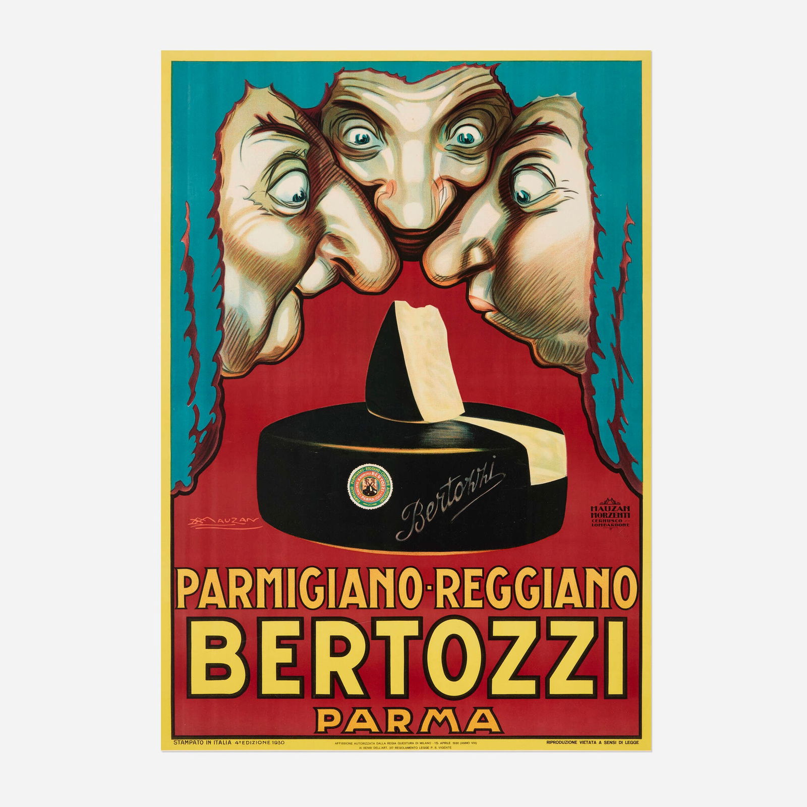 Achille Lucien Mauzan, Bertozzi / Parmigiano Reggiano vintage poster: Achille Lucien Mauzan Bertozzi / Parmigiano Reggiano vintage poster 1930 55 h x 39 w in (140 x 99 cm) In this fourth incarnation of his ever-popular design, Mauzan gives us three discerning judges d