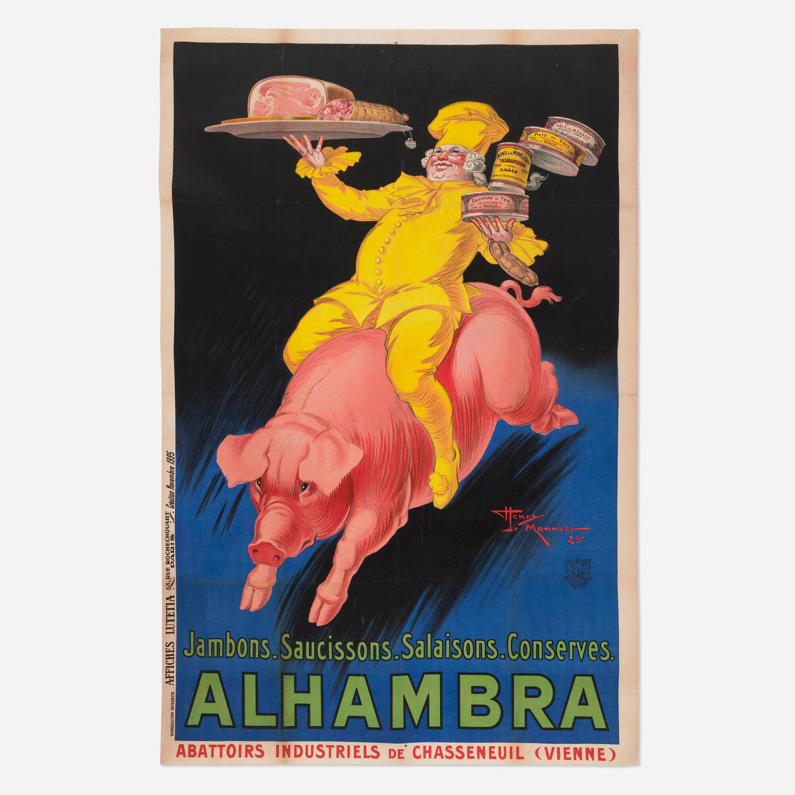 Henry Le Monnier, Alhambra vintage poster: Henry Le Monnier Alhambra vintage poster 1925 77.75 h x 50.625 w in (197 x 129 cm) A wonderfully lively and humorous design advertising a purveyor of fine meats, from hams and sausages, to the cured