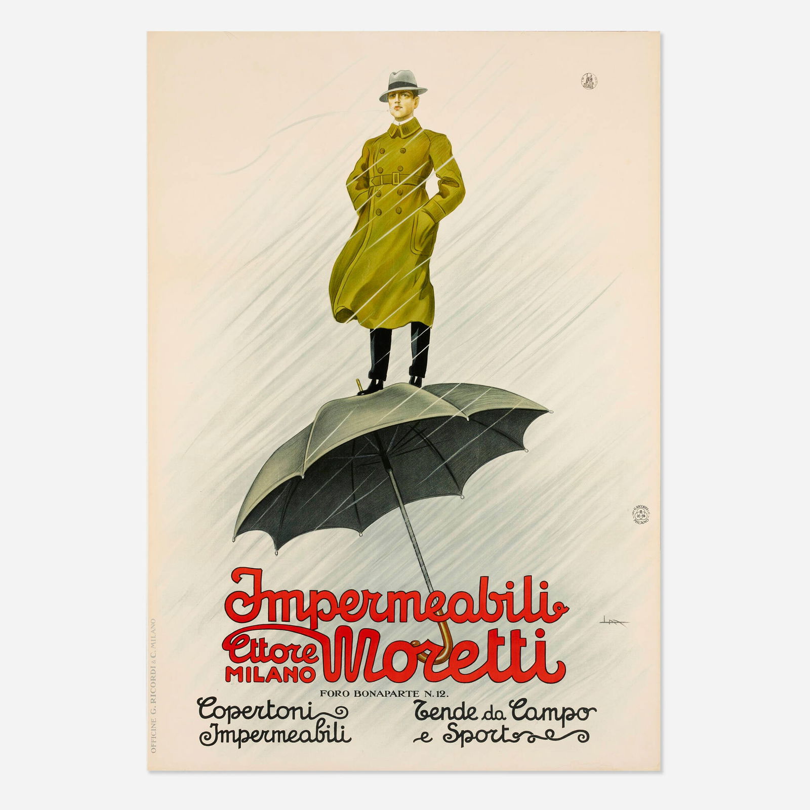 Leopoldo Metlicovitz, Impermeabili Moretti vintage poster: Leopoldo Metlicovitz Impermeabili Moretti vintage poster 1921 54.875 h x 38.25 w in (139 x 97 cm) In a previously seen advertisement for Moretti products (see PAI-XXXV, 381), we saw an elephant usin