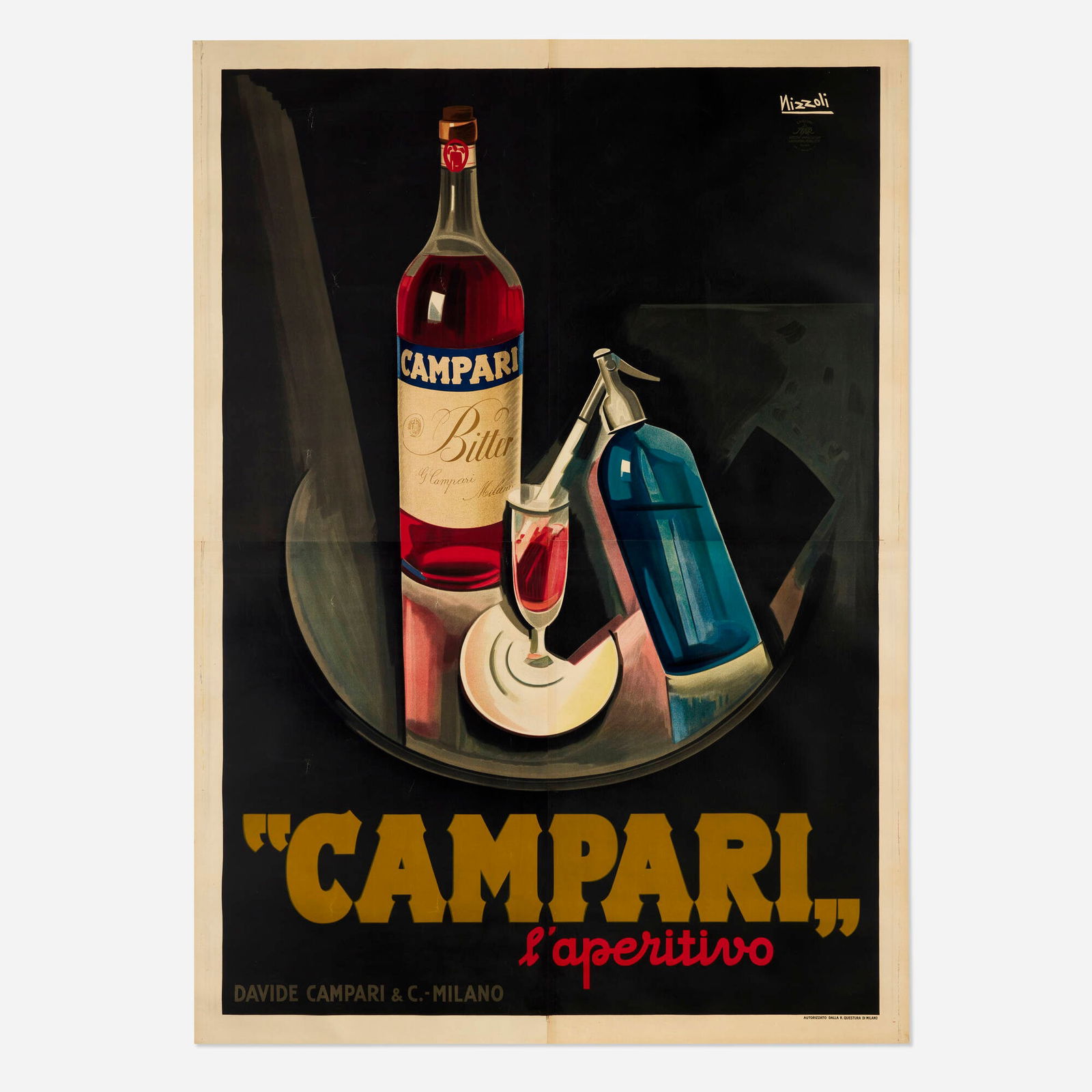 Marcello Nizzoli, Campari / L'aperitivo vintage poster: Marcello Nizzoli Campari / L'aperitivo vintage poster 1926offset lithograph in colors sight: 76.75 h x 55 w in (195 x 140 cm) Nizzoli's work for Campari is a masterpiece of composition and a c