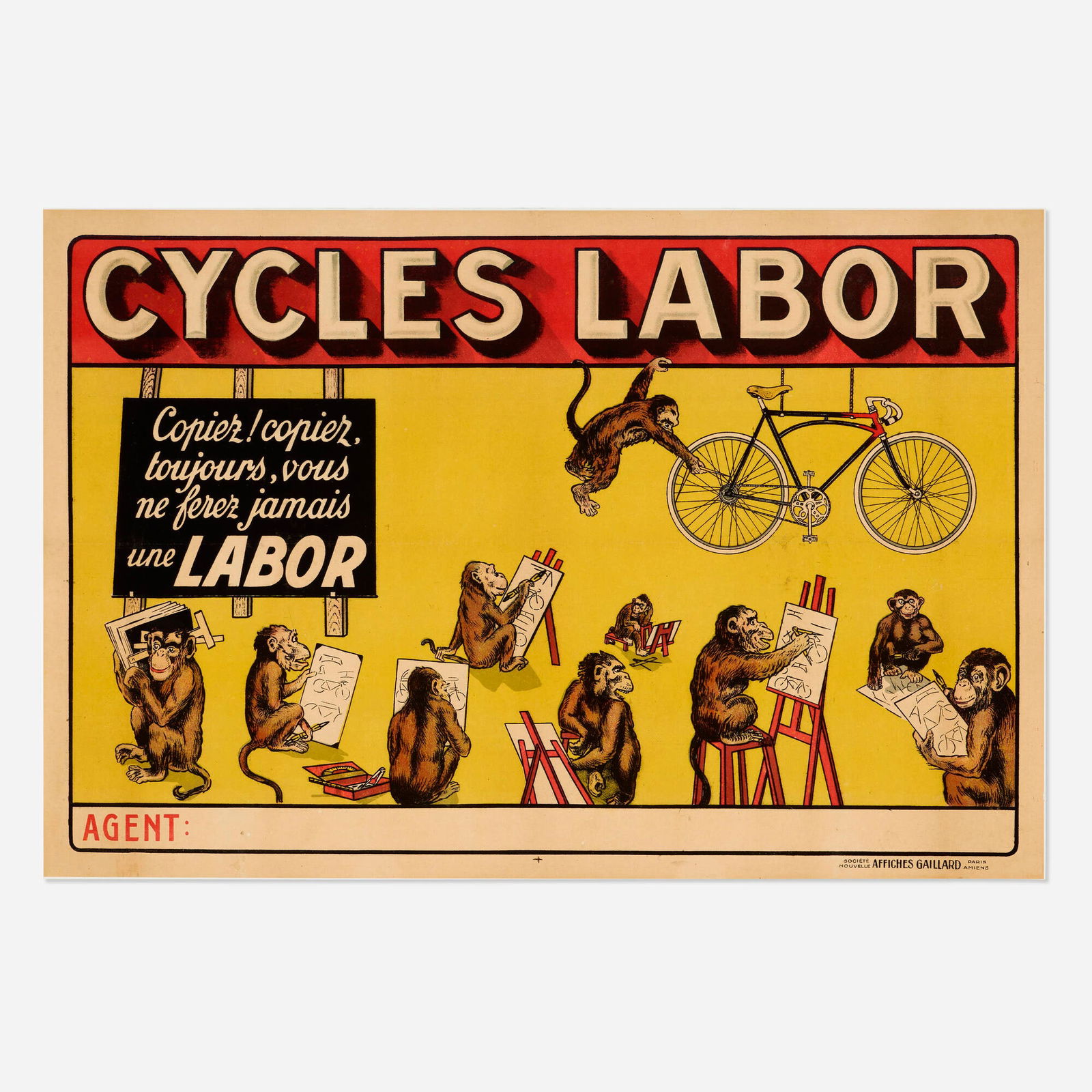 Cycles Labor vintage poster: Cycles Labor vintage poster c. 1915 31.375 h x 46.875 w in (80 x 119 cm) At the time, the largest maker of truss-bridge bicycle frames in France, Labor presents itself with easy confidence, suggesting