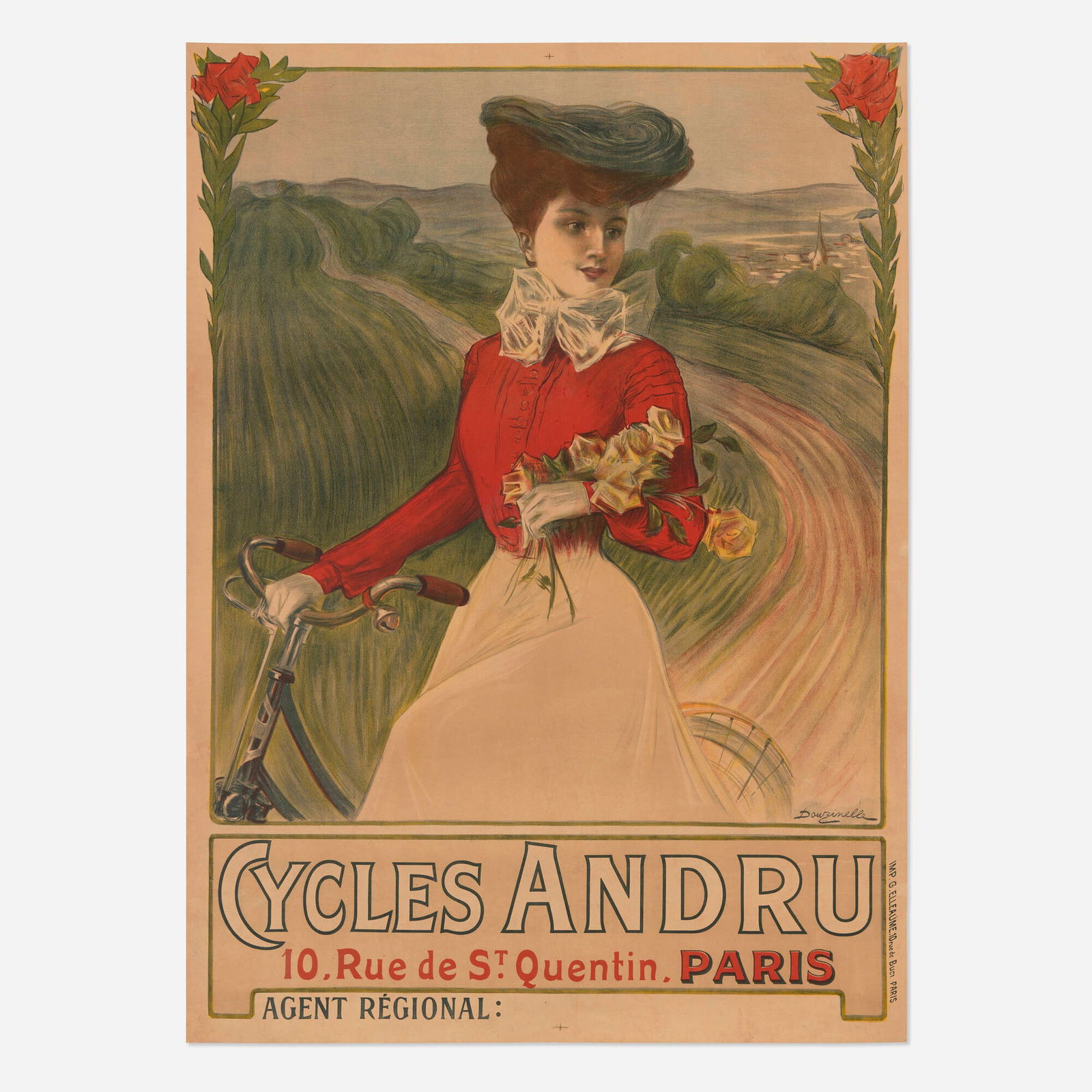Douzinelle, Cycles Andru vintage poster: Douzinelle Cycles Andru vintage poster c. 1895 61.25 h x 44.25 w in (156 x 112 cm) This romantic, impressionistic portrait of a lady for Cycles Andru channels a little bit of both Renoir and Van Gog