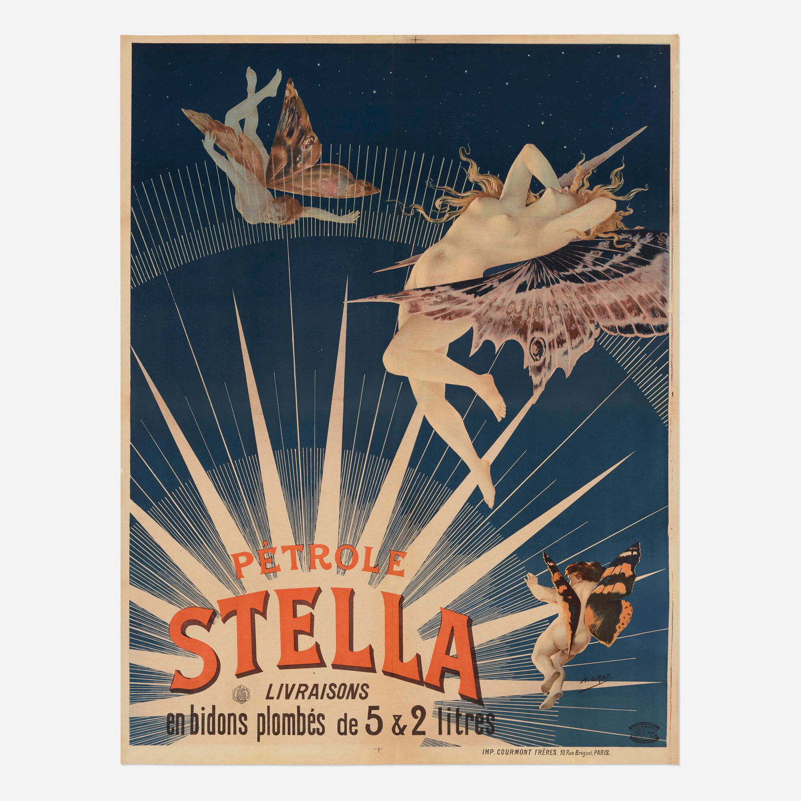 H. Gray (Henri Boulanger), Petrole Stella vintage poster: H. Gray (Henri Boulanger) Petrole Stella vintage poster 1897 50.125 h x 38.5 w in (127 x 98 cm) Gray's impressive design may at first belie the mundanity of the product being advertised. Winged nymp