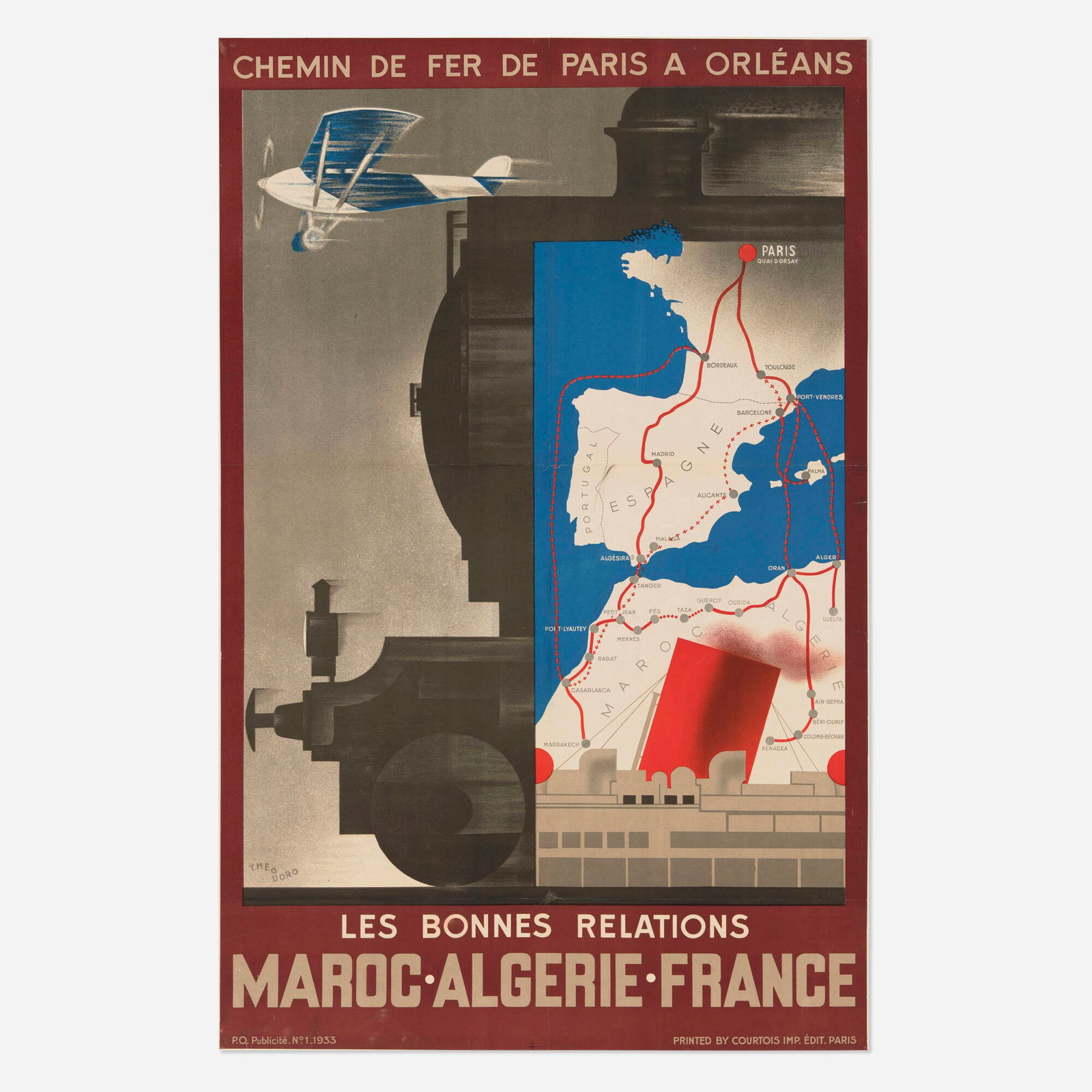 Theodoro (Theodore Pfeifer), France-Algerie-Maroc vintage poster: Theodoro (Theodore Pfeifer) France-Algerie-Maroc vintage poster 1933 38.875 h x 24.875 w in (99 x 63 cm) This railroad offers trips to Morocco and Algiers on a package basis including rail, ocean, a