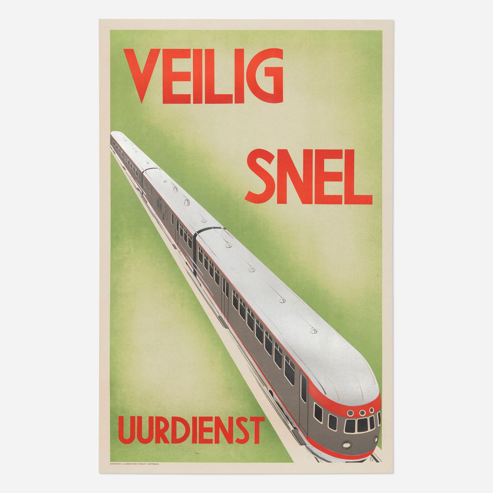 Veilig Snel Uurdienst vintage poster: Veilig Snel Uurdienst vintage poster c. 1940 39 h x 25.375 w in (99 x 64 cm) Displaying the height of Machine Age design's ethos of simplicity and boldness, this Dutch-language poster effectively conv