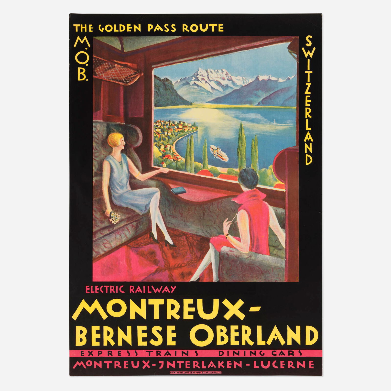 Montreux-Bernese Oberland / The Golden Pass Route vintage poster: Montreux-Bernese Oberland / The Golden Pass Route vintage poster 1921 39 h x 24.25 w in (99 x 62 cm) This travel poster for Switzerland's Golden Pass Route presents Montreux and the Bernese Oberland a
