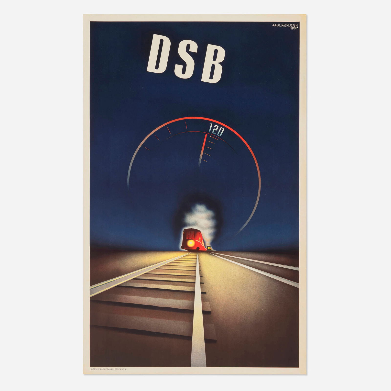 Aage Rasmussen, DSB vintage poster: Aage Rasmussen DSB vintage poster 1937 39.5 h x 24.25 w in (100 x 62 cm) Rasmussen took over the graphics of the Danish State Railway in 1937 with two breakthrough works: "the classic light rail pos