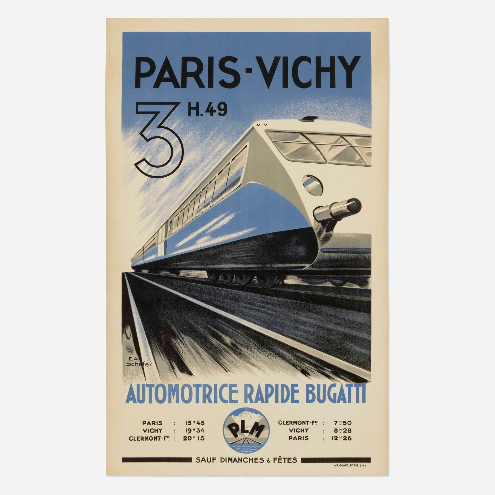 Emile Andre Schefer, Paris-Vichy / PLM / Automotrice Rapide Bugatti vintage poster: Emile Andre Schefer Paris-Vichy / PLM / Automotrice Rapide Bugatti vintage poster 1935 39.375 h x 24.375 w in (100 x 62 cm) In the early 1930s, Ettore Bugatti began to branch out from automobiles an