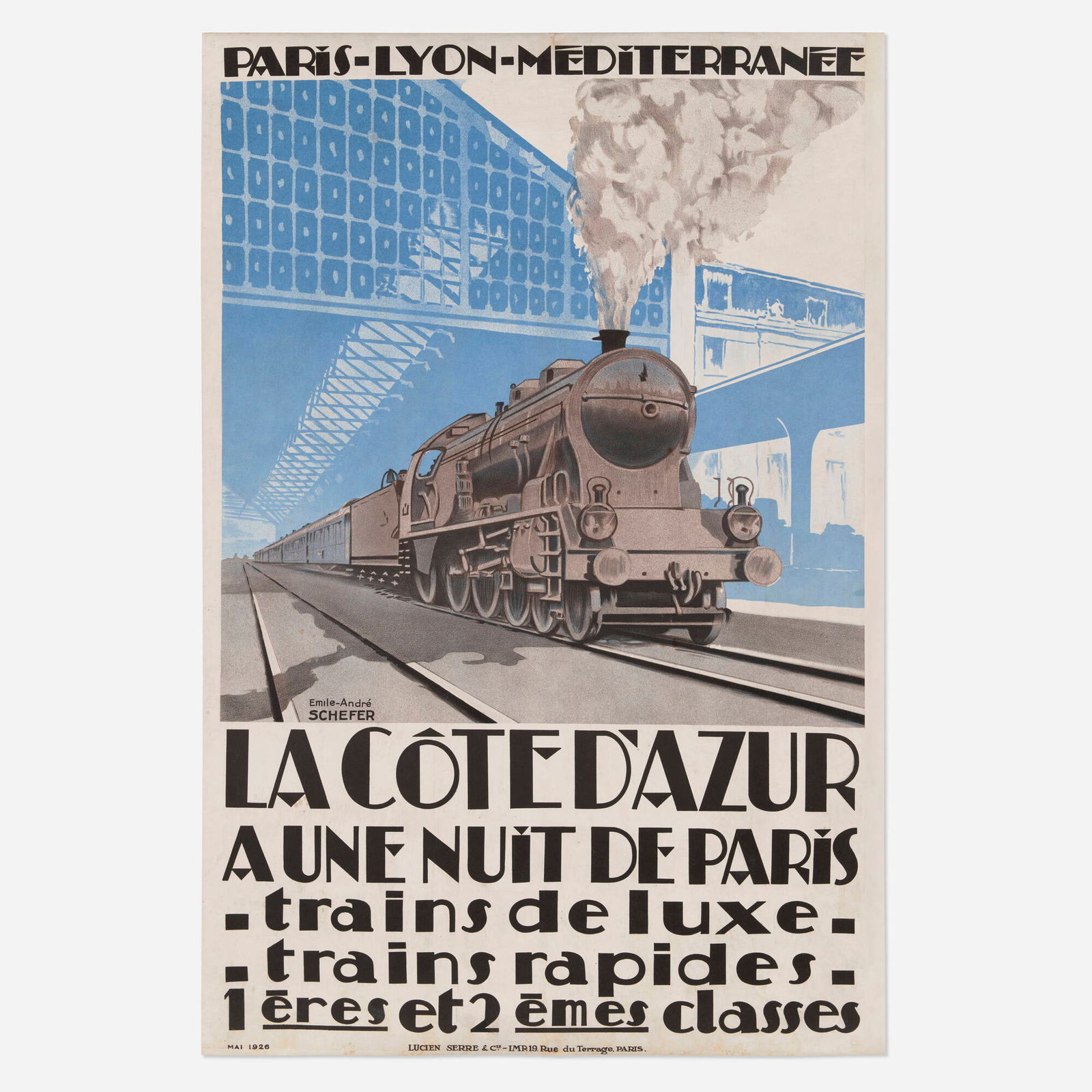 Emile Andre Schefer, La Cote d'Azur vintage poster: Emile Andre Schefer La Cote d'Azur vintage poster 1926 41.5 h x 28.125 w in (105 x 71 cm) While not the obvious choice of visuals to promote the sun-dappled Cote d'Azur, this masculine, industrial i