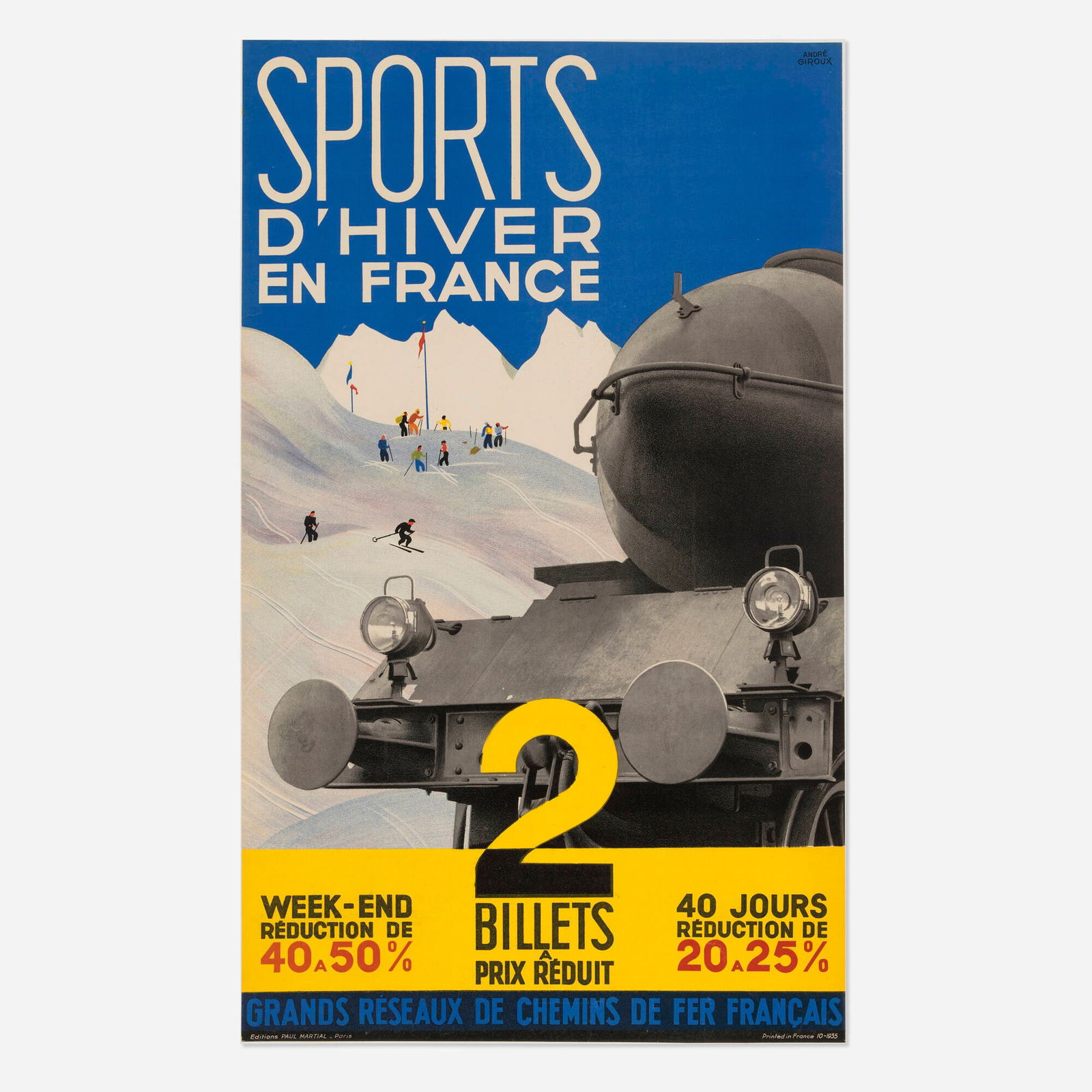 Andre Giroux, Sports d'Hiver en France vintage poster: Andre Giroux Sports d'Hiver en France vintage poster 1935 39.625 h x 24.125 w in (101 x 61 cm) A very imaginative use of photomontage highlights this poster for the French Railroad's offer of reduce