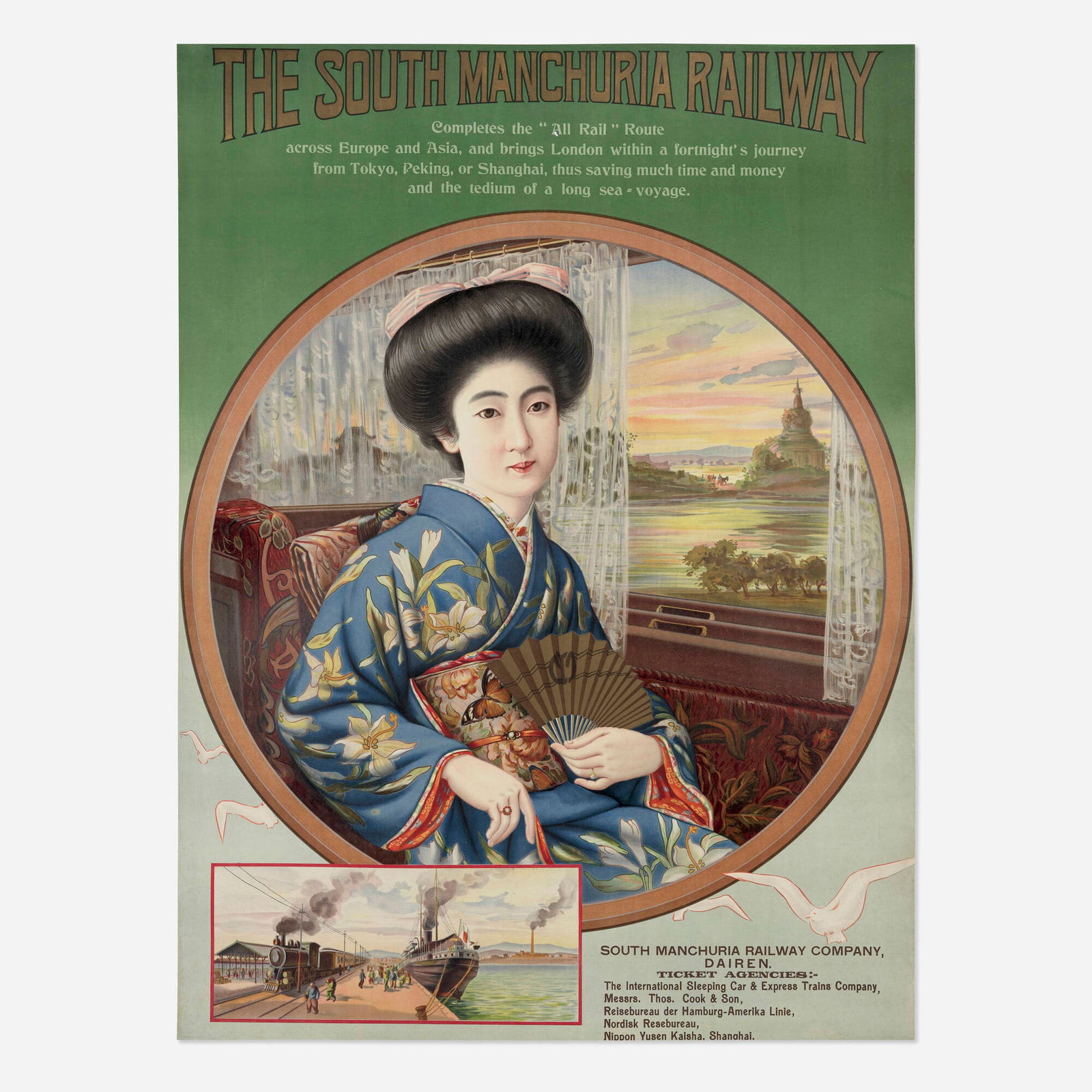 The South Manchuria Railway vintage poster: The South Manchuria Railway vintage poster c. 1910 41 h x 30.25 w in (104 x 77 cm) A marvelously printed, rare lithograph advertising the South Manchuria Railway as the last leg of a two-week journey