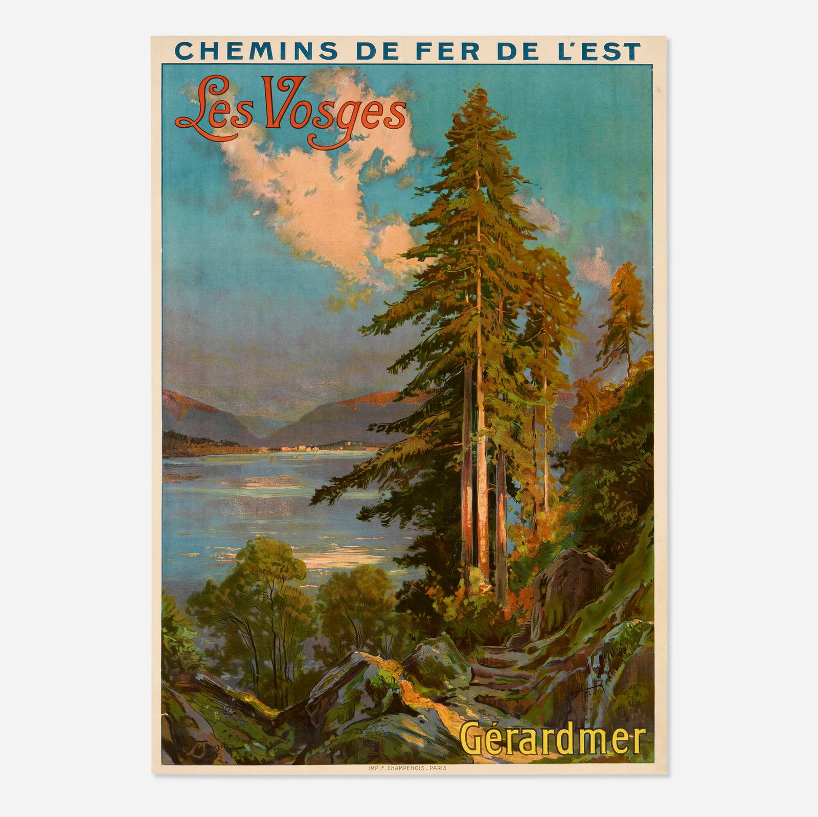 Louis Tauzin, Chemin de Fer de l'Est / Le Vosges / Gerardmer vintage poster: Louis Tauzin Chemin de Fer de l'Est / Le Vosges / Gerardmer vintage poster c. 1915 40.75 h x 28.5 w in (104 x 72 cm) This Louis Tauzin-designed poster for Chemin de Fer de l'Est (Eastern Railway) pr