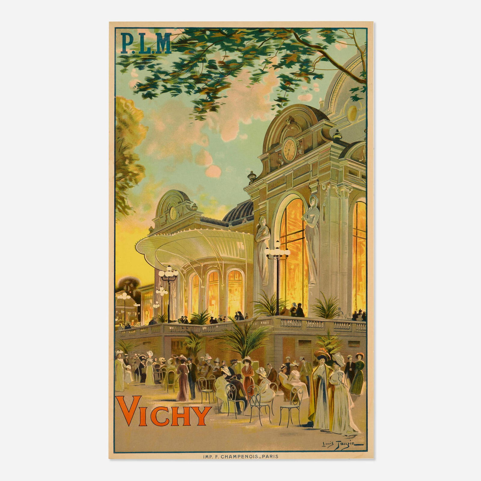Louis Tauzin, PLM / Vichy vintage poster: Louis Tauzin PLM / Vichy vintage poster 1911 38.5 h x 23.75 w in (98 x 60 cm) "An evocative view of this famous spa at the height of the season, with the fashionable set promenading full force outsi