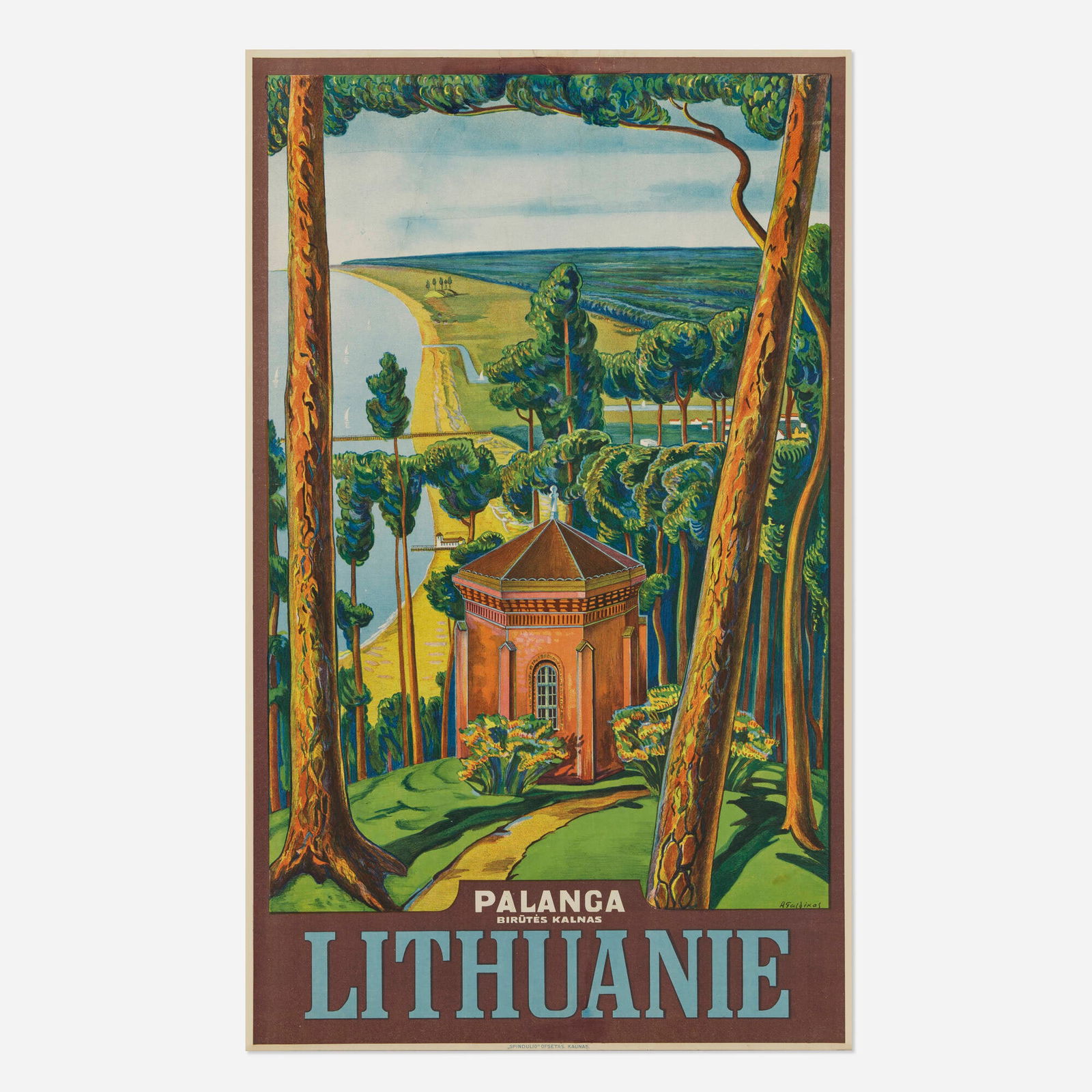 Adomas Galdikas, Palanga Birut?s Kalnas / Lithuanie vintage poster: Adomas Galdikas Palanga Birut?s Kalnas / Lithuanie vintage poster c. 1935 sight: 38.375 h x 23.5 w in (97 x 60 cm) This poster by Adomas Galdikas captures the timeless sweep of Birut?'s Hill rising