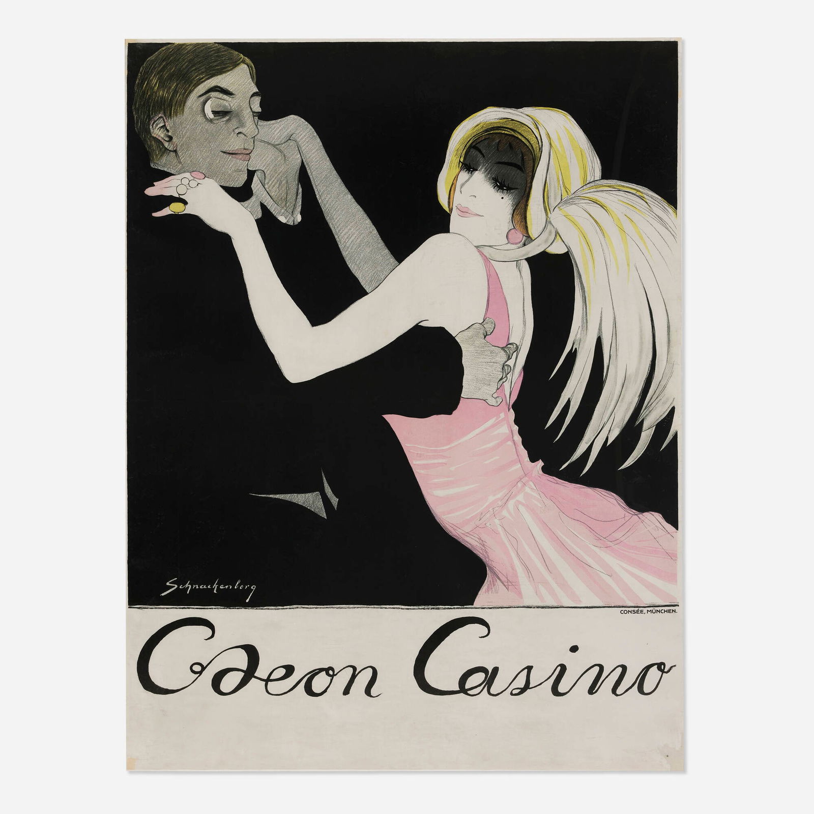 Walter Schnackenberg, Odeon Casino vintage poster: Walter Schnackenberg Odeon Casino vintage poster 1912 46 h x 35.25 w in (117 x 90 cm) One of Schnackenberg's finest creations, this couple exudes Art Deco style and sensuality. "One of Munich's fine
