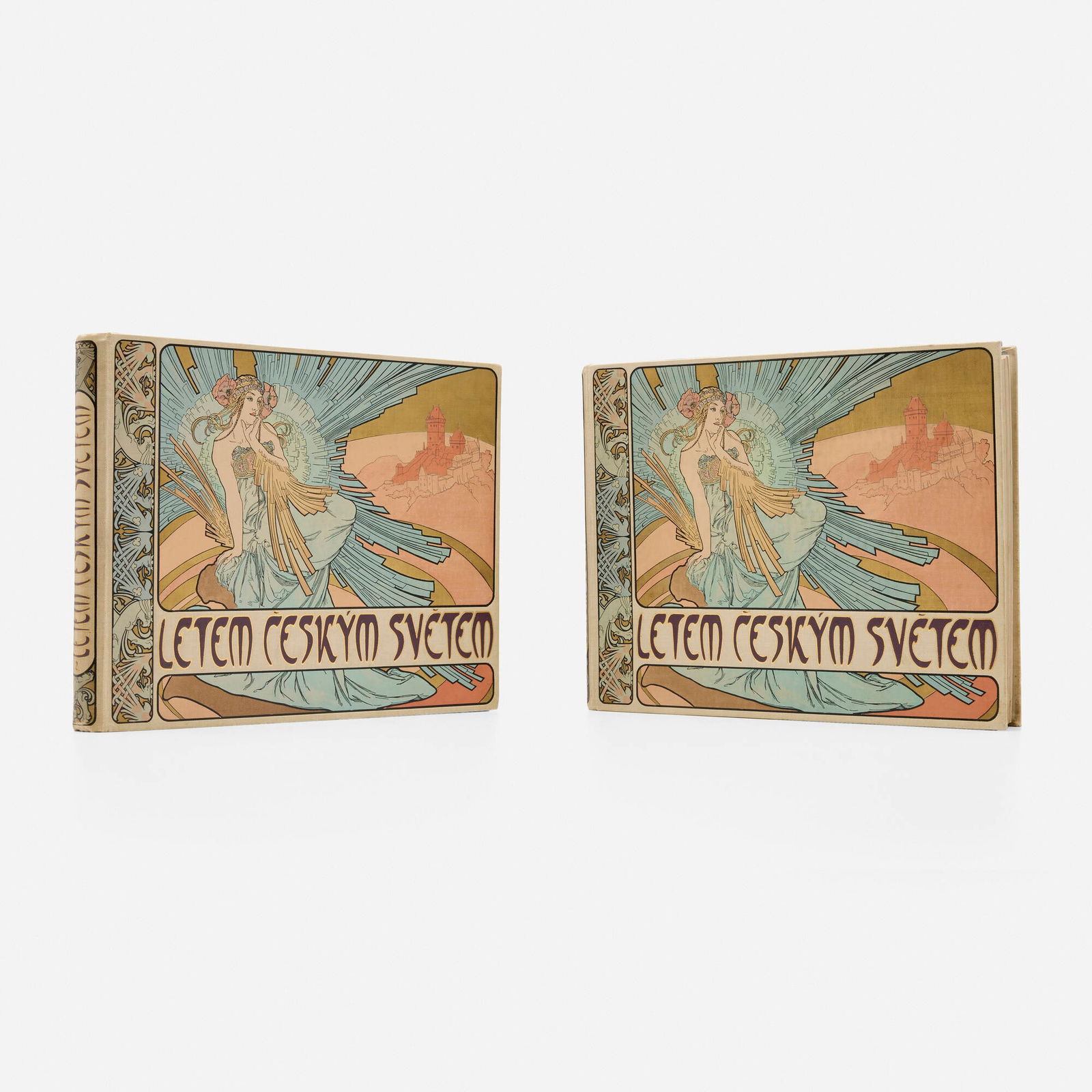 Alphonse Mucha, Letem ?eskym Sv?tem (two volumes): Alphonse Mucha Letem ?eskym Sv?tem (two volumes) 1898bound printed paper each: 11 h x 14.25 w x 1.5 d in (28 x 36 x 4 cm) "A Flight Over the Czech World" is a two-volume book with over 500 bla