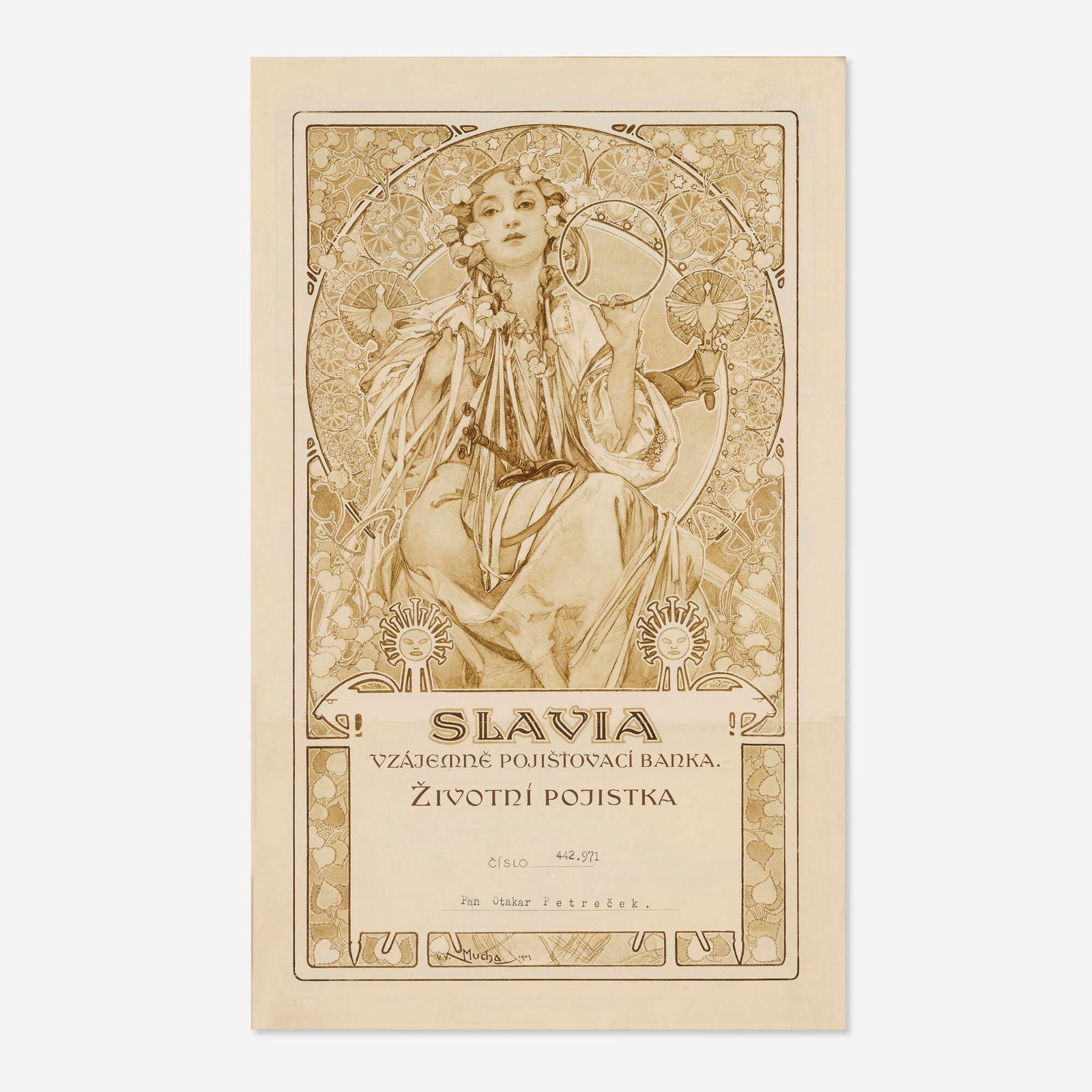 Alphonse Mucha, Slavia vintage ephemera: Alphonse Mucha Slavia vintage ephemera c. 1935 sight: 15.5 h x 9.5 w in (39 x 24 cm) Reissuing Mucha's 1907 design in cool sepia tones, this is an official life insurance document (here, in the name