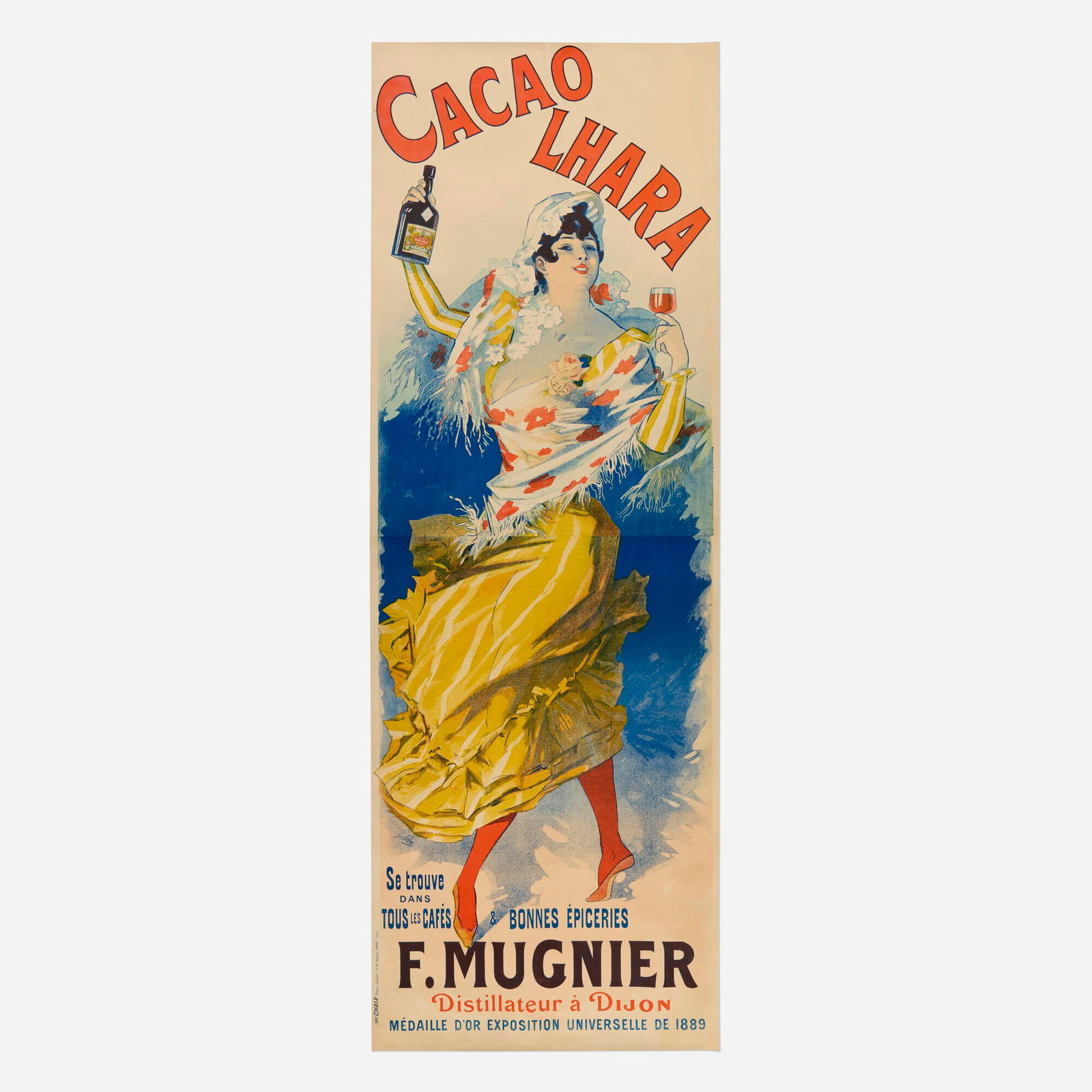 Jules Cheret, Cacao Lhara / F. Mugnier vintage poster: Jules Cheret Cacao Lhara / F. Mugnier vintage poster 1893 97.5 h x 35.25 w in (248 x 90 cm) Mugnier's success bottling a cherry-flavored liqueur called Bigarreau (see PAI-XXXVI, 251) eventually enab