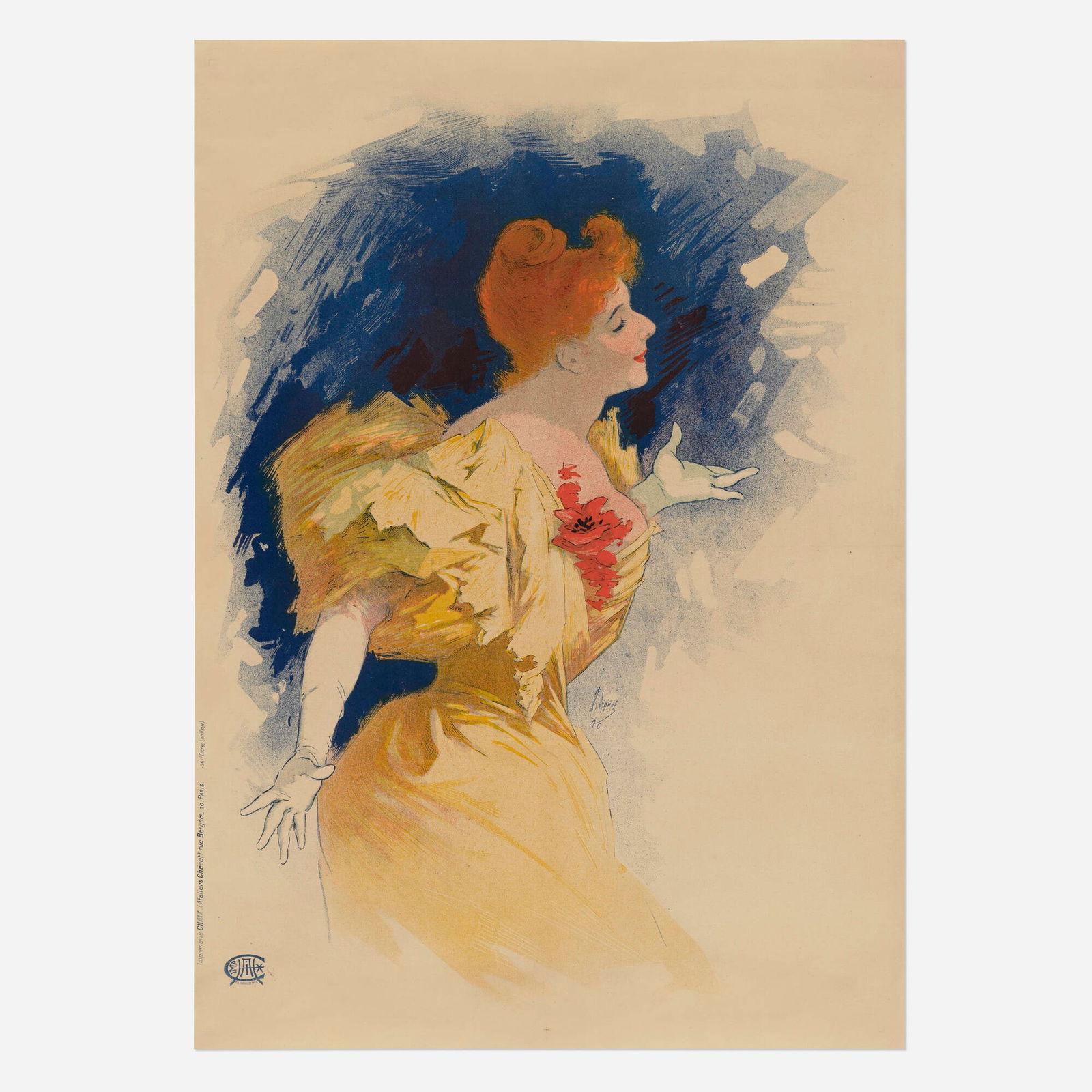 Jules Cheret, Camille Stefani vintage poster: Jules Cheret Camille Stefani vintage poster 1896 47.5 h x 33.5 w in (121 x 85 cm) The auburn-tressed stage luminary graciously acknowledges her ovation from an unseen audience. This rare proof befor