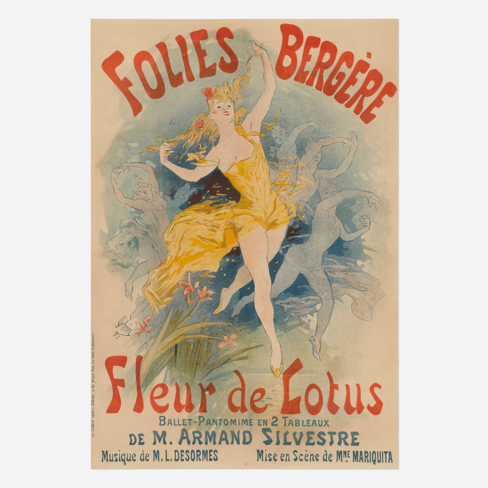 Jules Cheret, Folies Bergere / Fleur de Lotus vintage poster: Jules Cheret Folies Bergere / Fleur de Lotus vintage poster 1893 47.75 h x 32.625 w in (121 x 83 cm) The Folies-Bergere commissioned over 60 posters from Cheret during his prolific career. Here, six