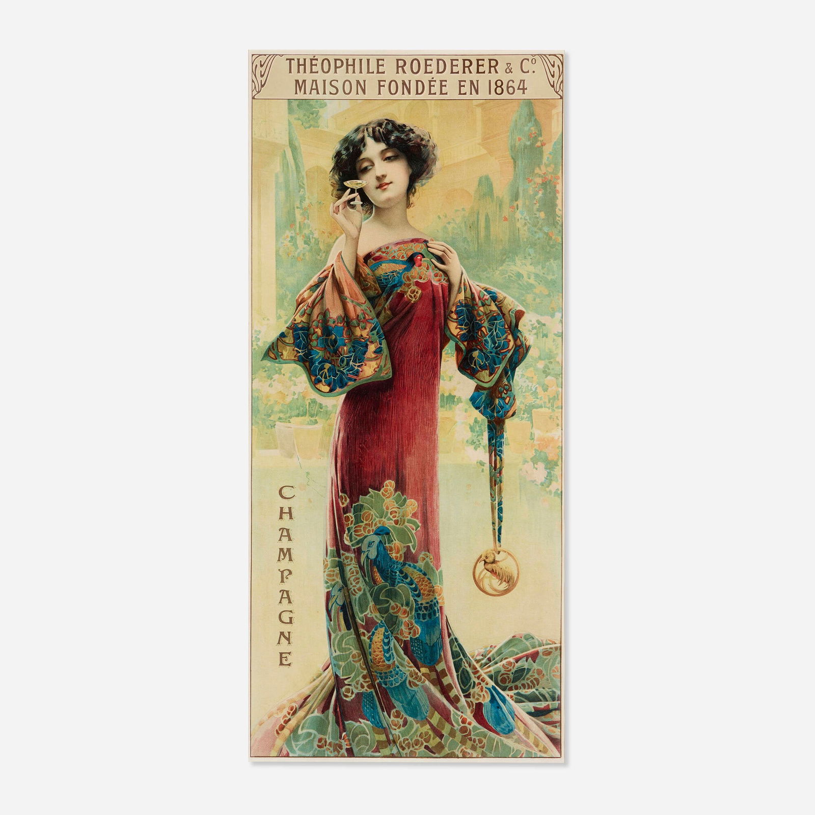 Gaspar Camps, Champagne Roederer vintage poster: Gaspar Camps Champagne Roederer vintage poster c. 1904 sight: 26.5 h x 12 w in (67 x 30 cm) One on Camps' finest designs, in which an exceptional beauty savors the moment before tasting her oh-so-pe