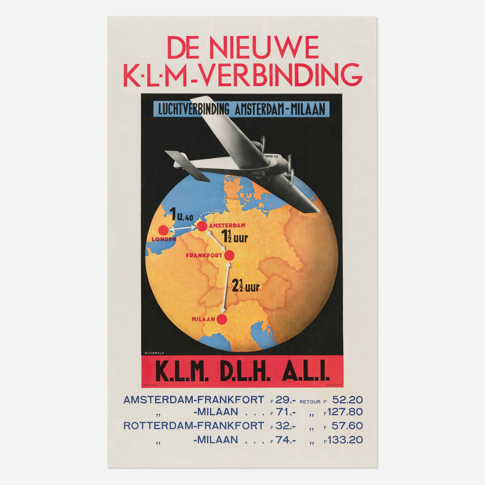 Erich Meerwald, Rare De Nieuwe KLM-Verbinding vintage poster: Erich Meerwald Rare De Nieuwe KLM-Verbinding vintage poster c. 1935 40.125 h x 24.25 w in (102 x 62 cm) This rare Dutch-language KLM travel poster by Erich Meerwald, printed in Germany, celebrates t