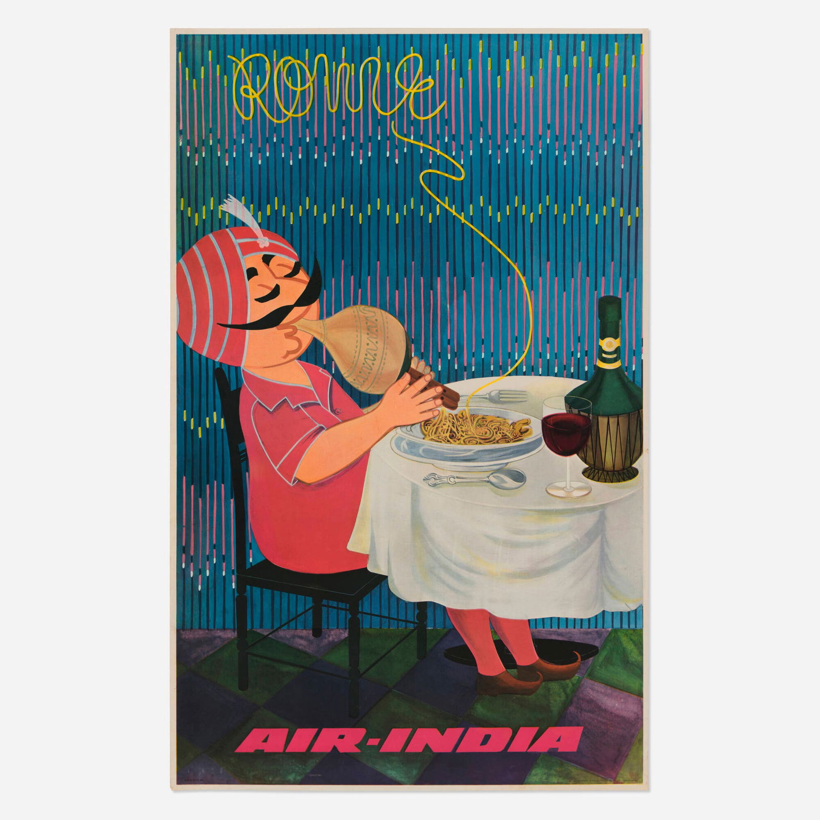 Desai, Air India / Rome vintage poster: Desai Air India / Rome vintage poster 1983 39.375 h x 25 w in (100 x 63 cm) This playful Air-India poster shows the ever-mischievous Maharaja in Rome, serenading a plate of spaghetti with his pungi