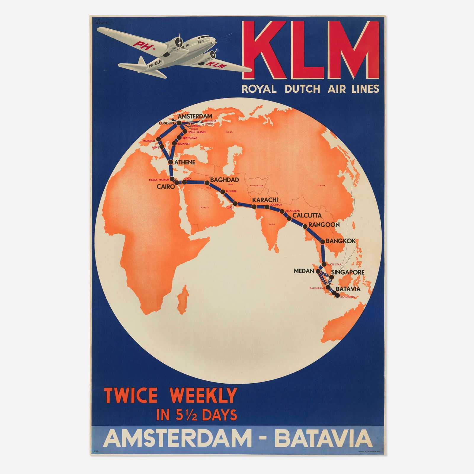 Vinci, KLM Royal Dutch Air Lines / Amsterdam-Batavia vintage poster: Vinci KLM Royal Dutch Air Lines / Amsterdam-Batavia vintage poster c. 1935 38.75 h x 26.5 w in (98 x 67 cm) This English-language KLM travel poster commemorates the airline's pioneering intercontine