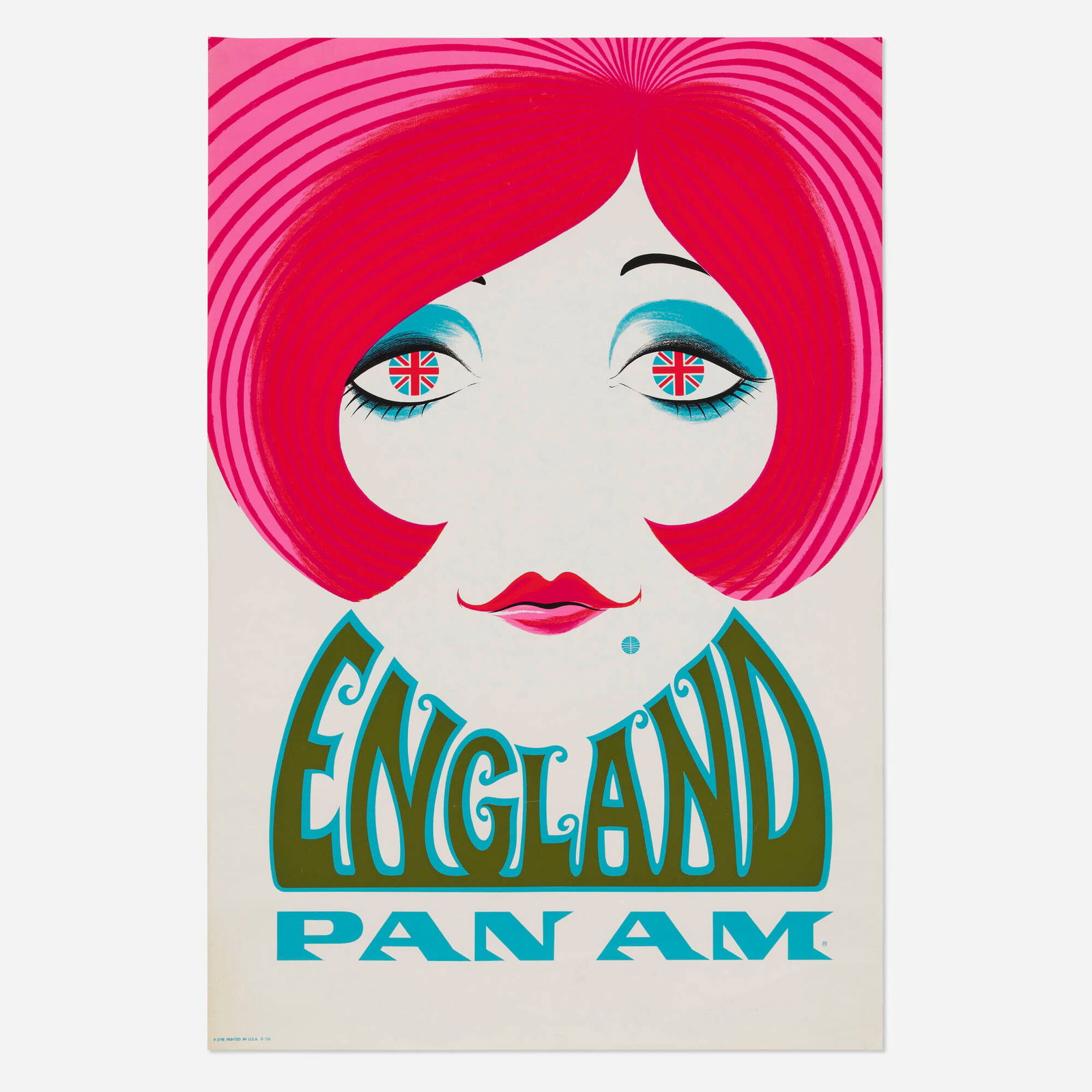 Pan Am / England vintage poster: Pan Am / England vintage poster c. 1969 41.875 h x 28 w in (106 x 71 cm) With a mod haircut and Twiggy eye makeup, our Pan Am lass is the quintessence of 1960s cool. At the time, her Union Jack eyes l