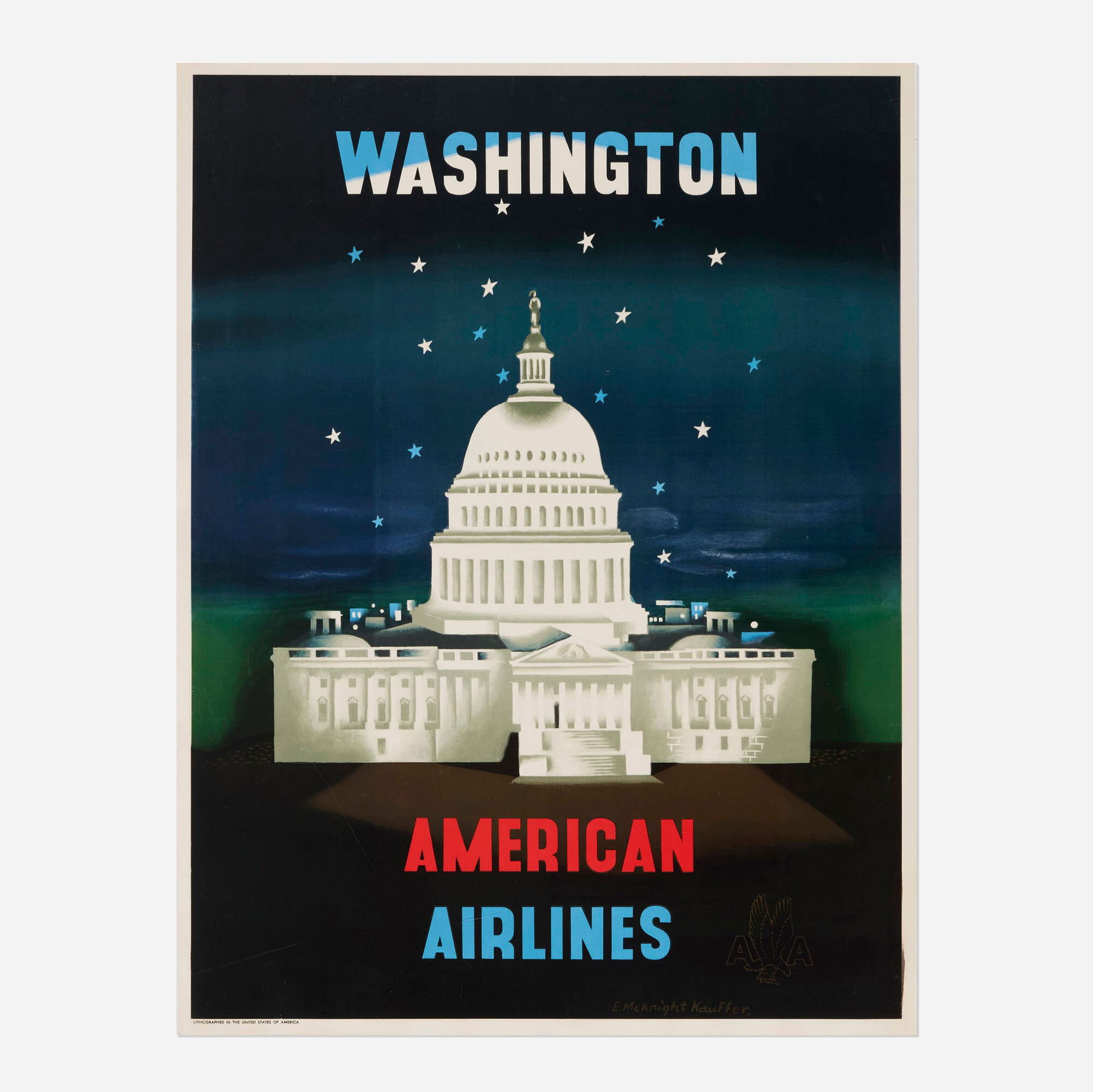 Edward McKnight Kauffer, American Airlines / Washington vintage poster: Edward McKnight Kauffer American Airlines / Washington vintage poster 1948 39.75 h x 30 w in (101 x 76 cm) A pleasant view of the Capitol at night, with flag-like stars raining down, enticingly anno