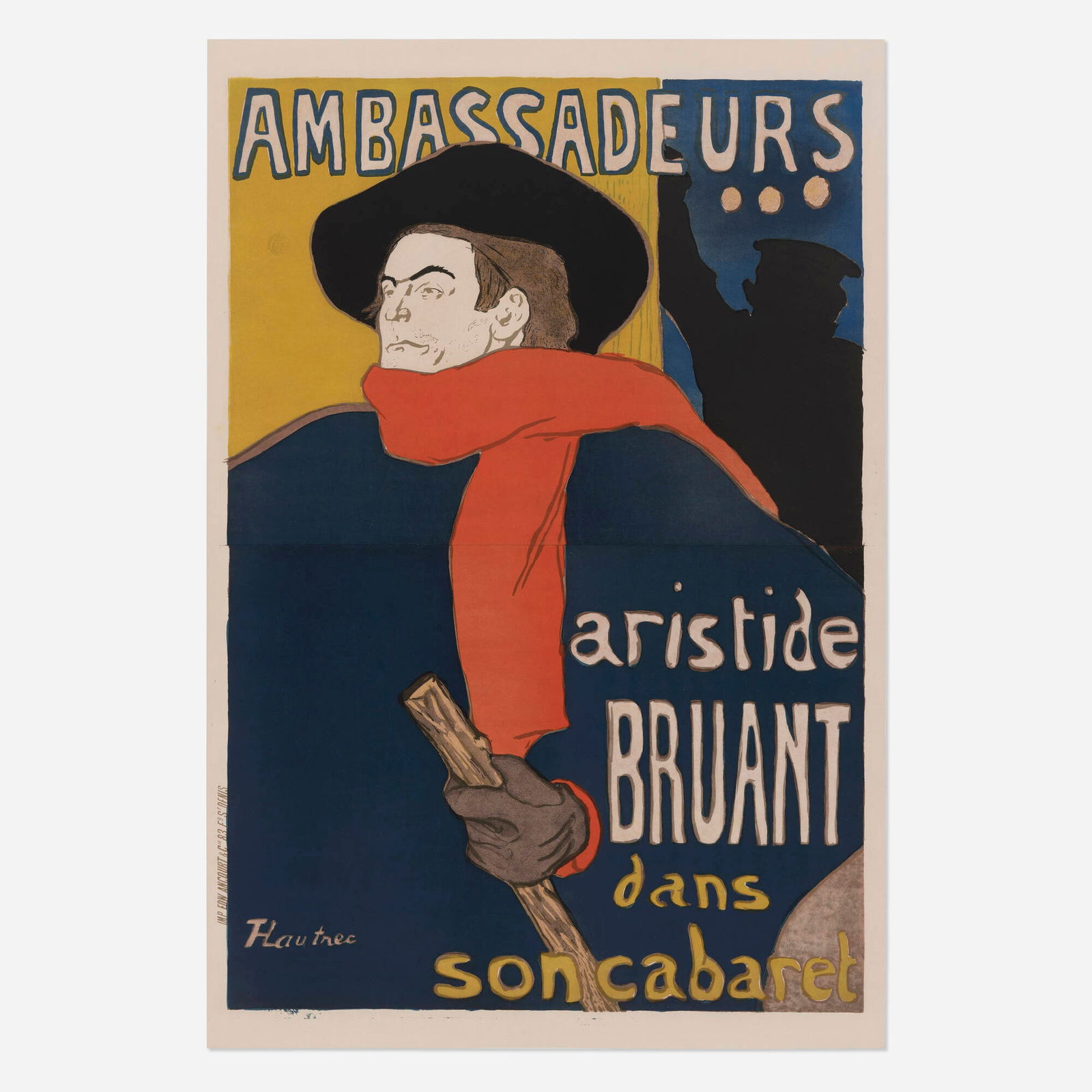 Henri de Toulouse-Lautrec, Ambassadeurs / Aristide Bruant vintage poster: Henri de Toulouse-Lautrec Ambassadeurs / Aristide Bruant vintage poster 1892 57.25 h x 38.5 w in (145 x 98 cm) "The Montmartre chansonnier turned restaurateur, Aristide Bruant, was a strong, imposin