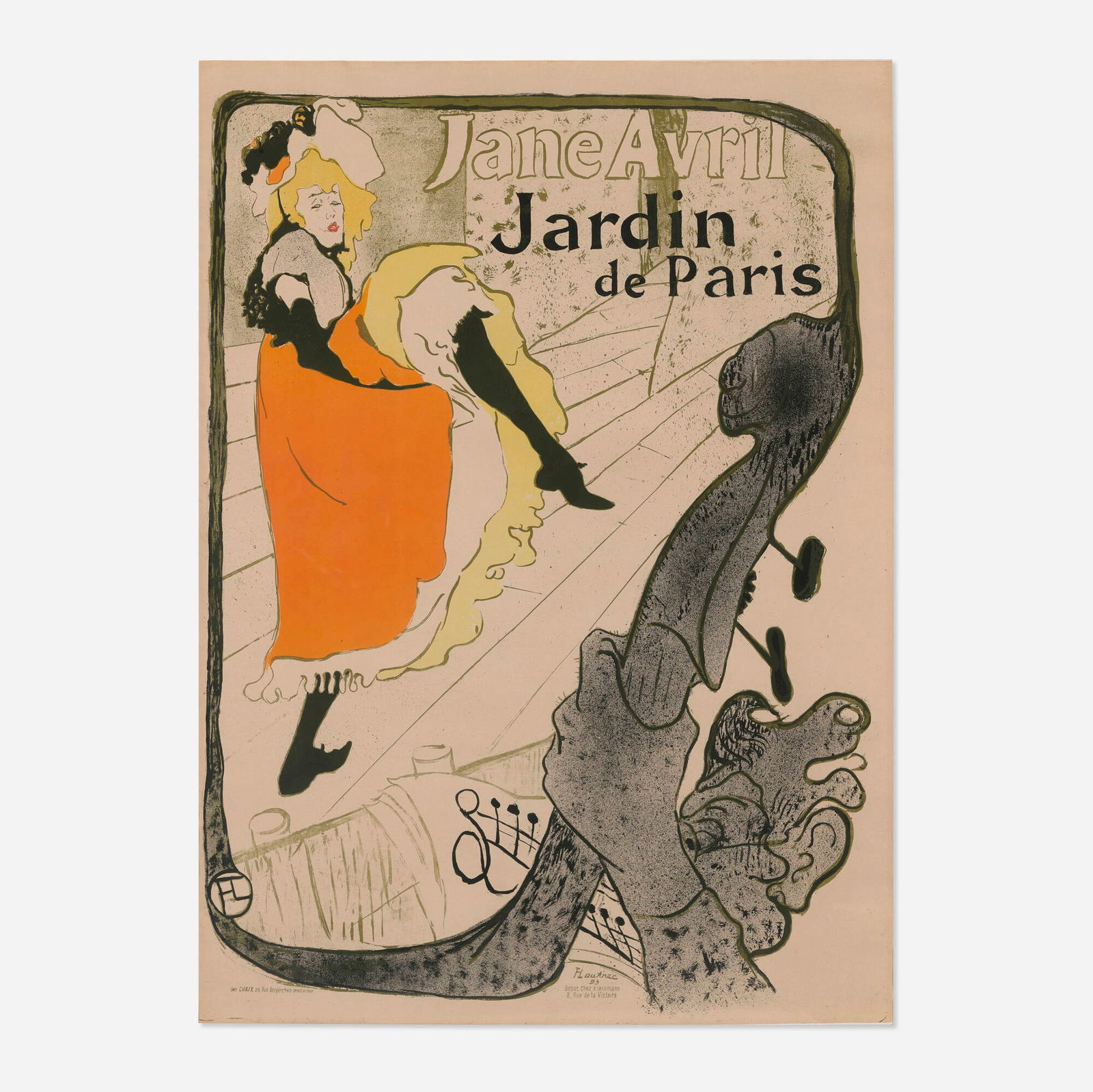 Henri de Toulouse-Lautrec, Jane Avril / Jardin de Paris vintage poster: Henri de Toulouse-Lautrec Jane Avril / Jardin de Paris vintage poster 1893 50.75 h x 36.875 w in (129 x 94 cm) "Universally considered his most brilliant and successful design" (Wagner, p. 22), Toul