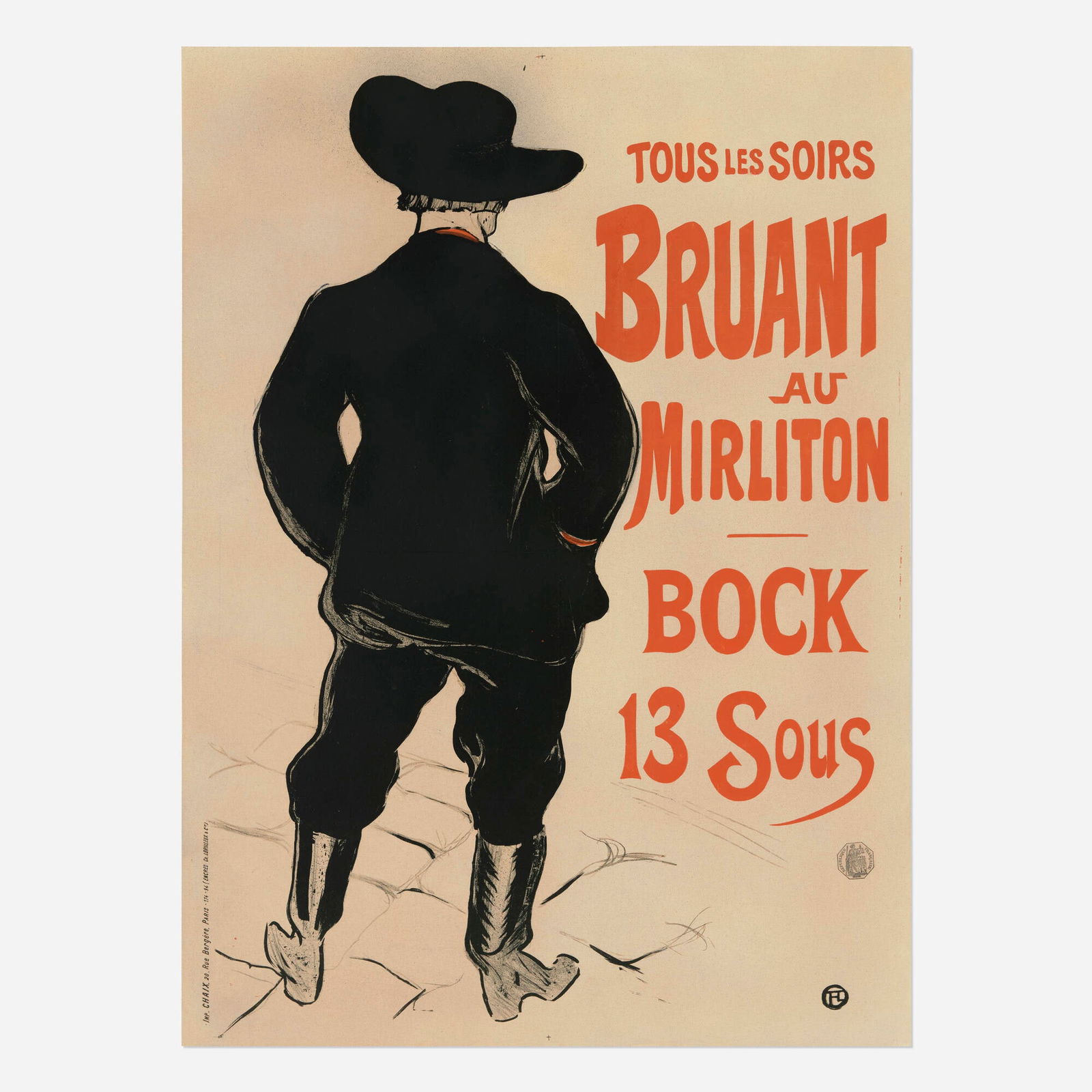Henri de Toulouse-Lautrec, Bruant au Mirliton / Bock 13 Sous vintage poster: Henri de Toulouse-Lautrec Bruant au Mirliton / Bock 13 Sous vintage poster 1893 32.125 h x 23.375 w in (82 x 59 cm) This is the first of three versions of this poster: one announces Bruant's latest