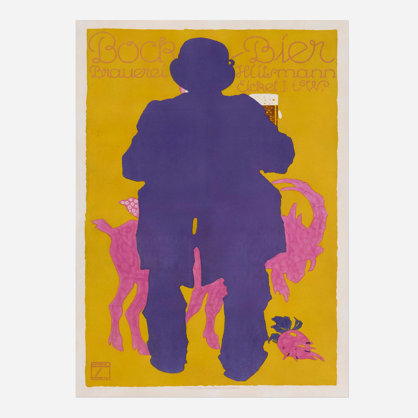 Ludwig Hohlwein, Bock-Bier Brauerei Hulsmann vintage poster: Ludwig Hohlwein Bock-Bier Brauerei Hulsmann vintage poster 1913 42 h x 30 w in (107 x 76 cm) This poster for the Hulsmann Bock Beer Brewery in Eickel, Westphalia sets the silhouette of a man raising