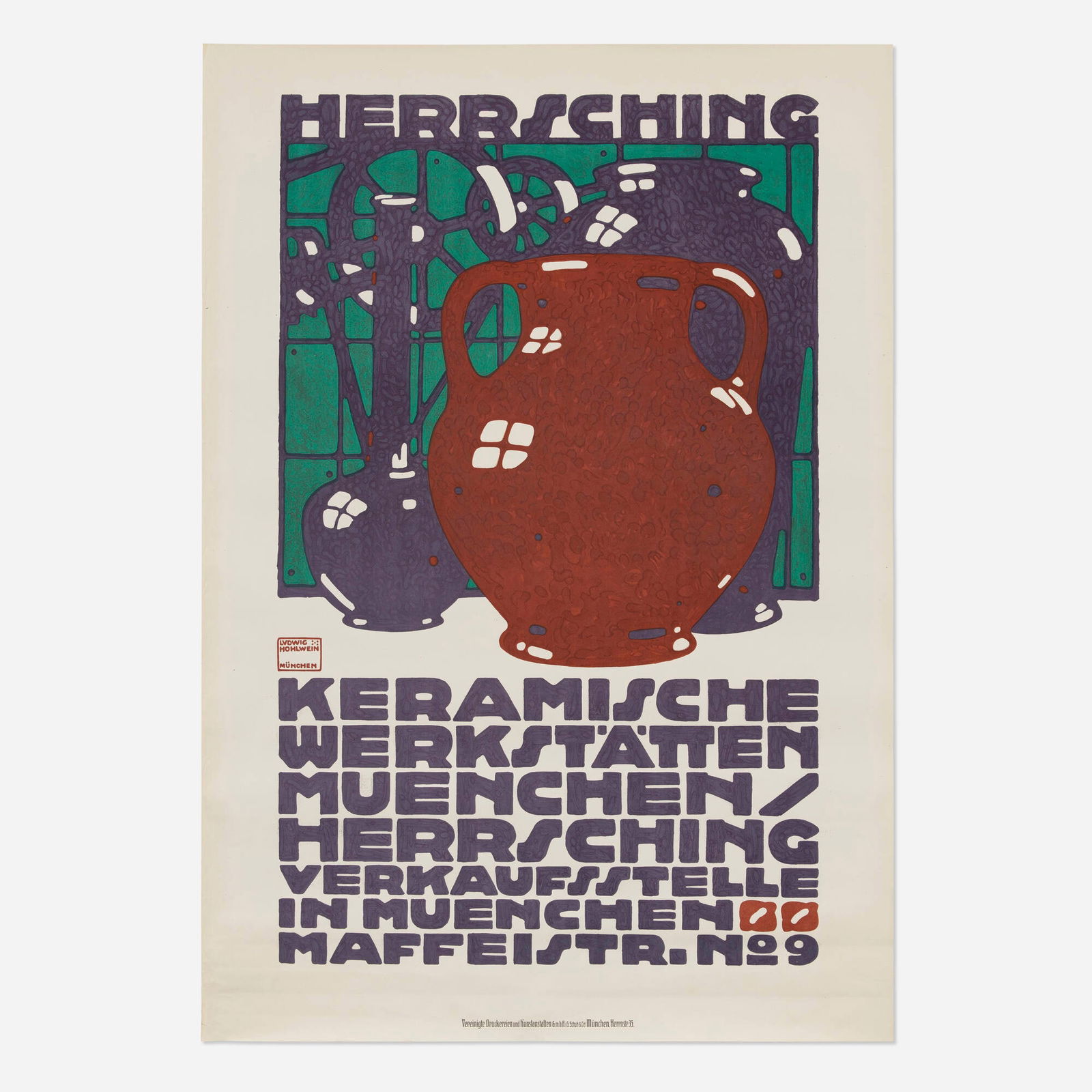 Ludwig Hohlwein, Herrsching / Keramische Werkstatten vintage poster: Ludwig Hohlwein Herrsching / Keramische Werkstatten vintage poster 1910 44.75 h x 31.5 w in (114 x 80 cm) A ceramic artists' cooperative advertises its retail outlet in Munich in this rarely seen de