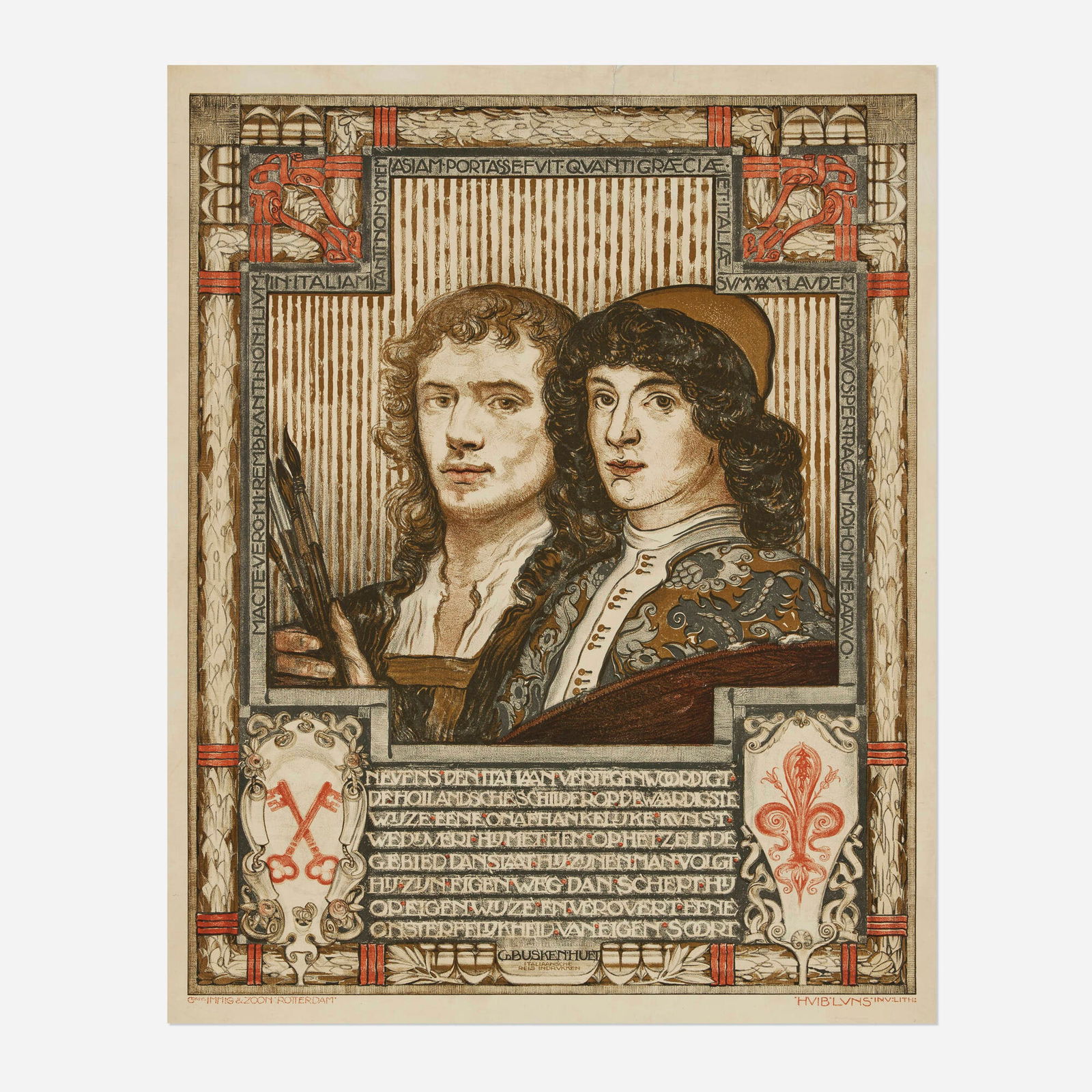Hubert M. Luns, G. Buskenhuet / Rembrandt & Raphael vintage poster: Hubert M. Luns G. Buskenhuet / Rembrandt & Raphael vintage poster c. 1923 34.25 h x 27.5 w in (87 x 70 cm) Those fair gentlemen eyeing you mildly, but perceptively, are idealized portraits of Rembra